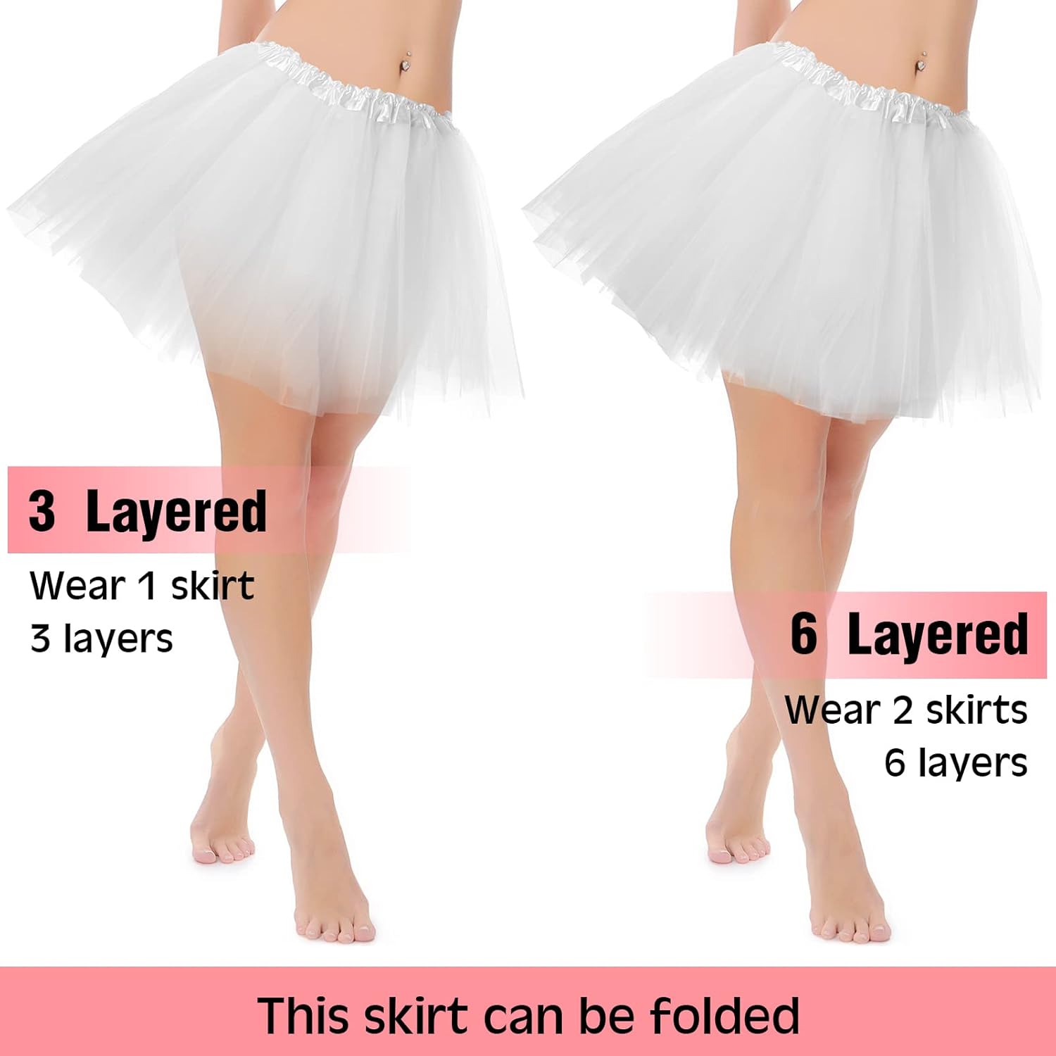 2 Packs Tutu Skirt Elastic Lady Teen Adult Tutu Skirt Short Ladies 80's Halloween Costume 3 Layered Tulle