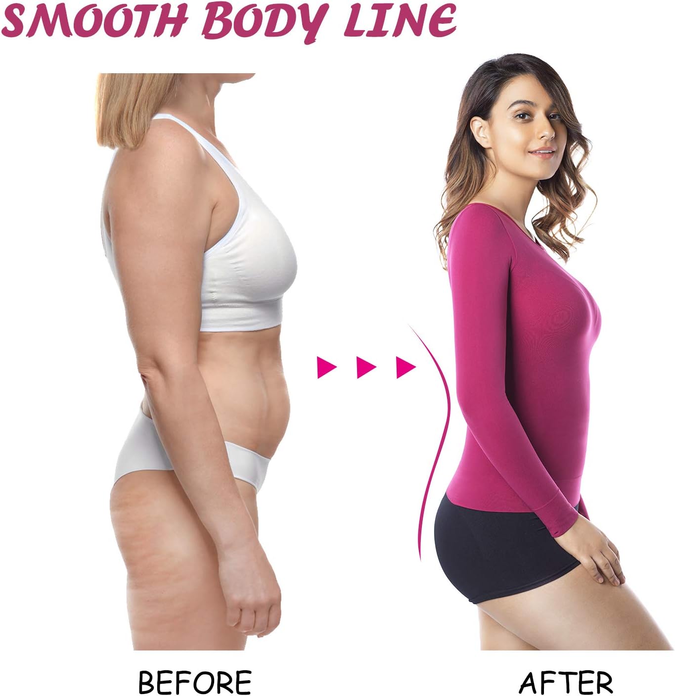 +MD Womens Compression Slimming Shirts and Undershirts for Tummy Waist and Bust Long Sleeves Thermal Underwear Round Neck