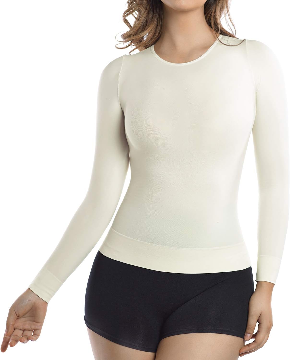 +MD Womens Compression Slimming Shirts and Undershirts for Tummy Waist and Bust Long Sleeves Thermal Underwear Round Neck