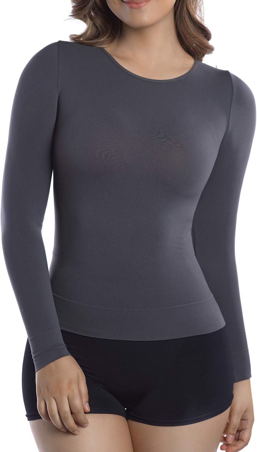 +MD Womens Compression Slimming Shirts and Undershirts for Tummy Waist and Bust Long Sleeves Thermal Underwear Round Neck
