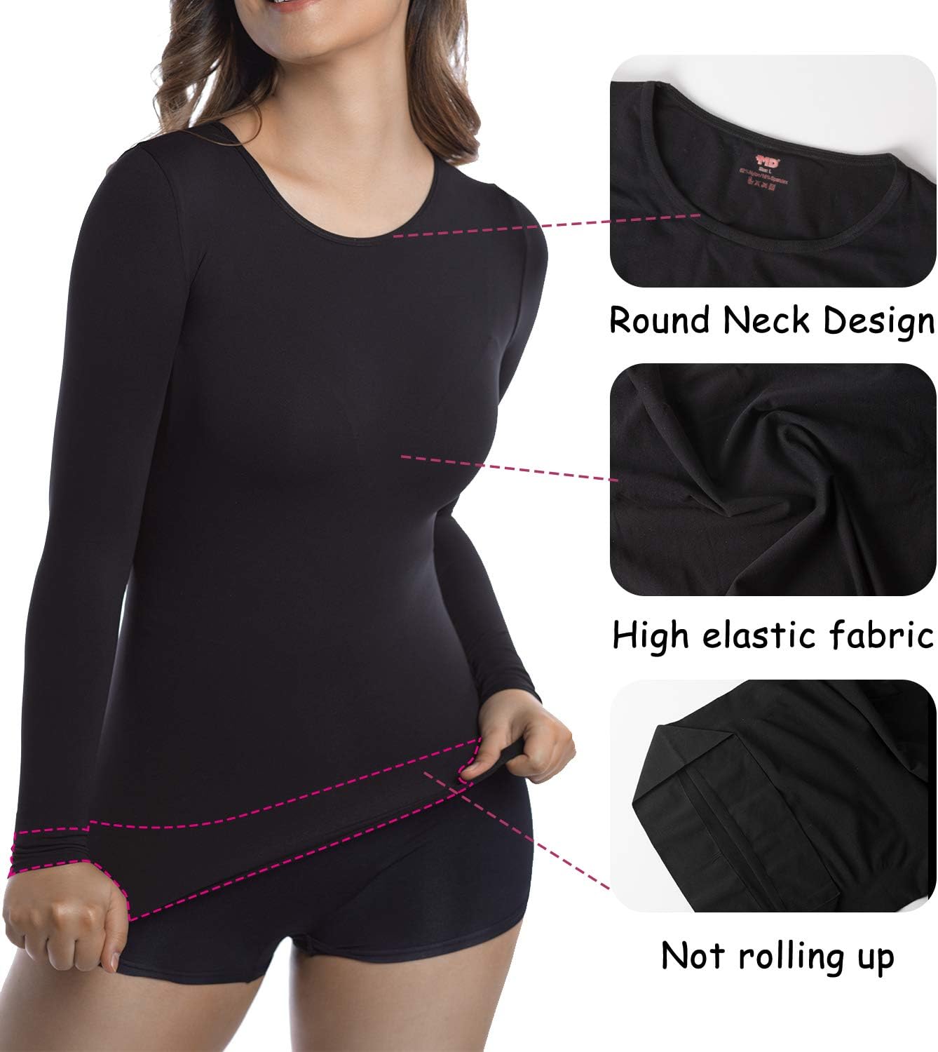 +MD Womens Compression Slimming Shirts and Undershirts for Tummy Waist and Bust Long Sleeves Thermal Underwear Round Neck