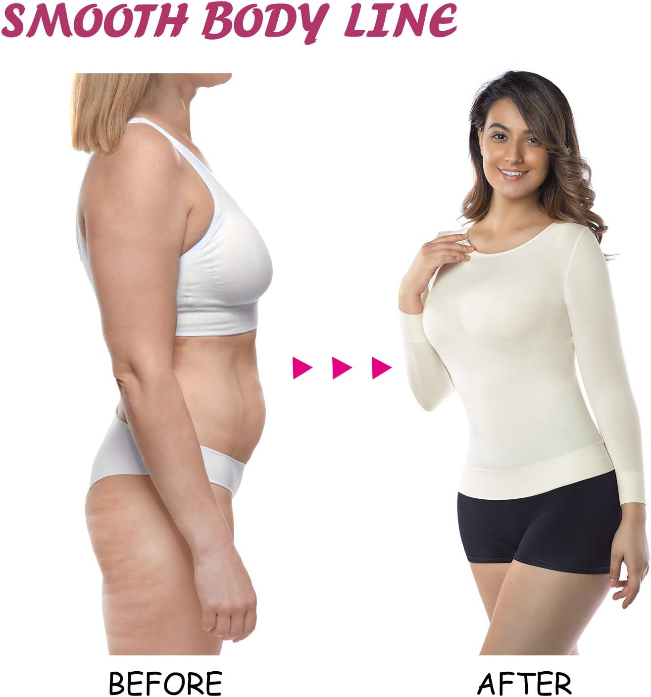 +MD Womens Compression Slimming Shirt 3/4 Long Sleeve Undershirts Round-Neck Basic Shapewear Thermal Tops