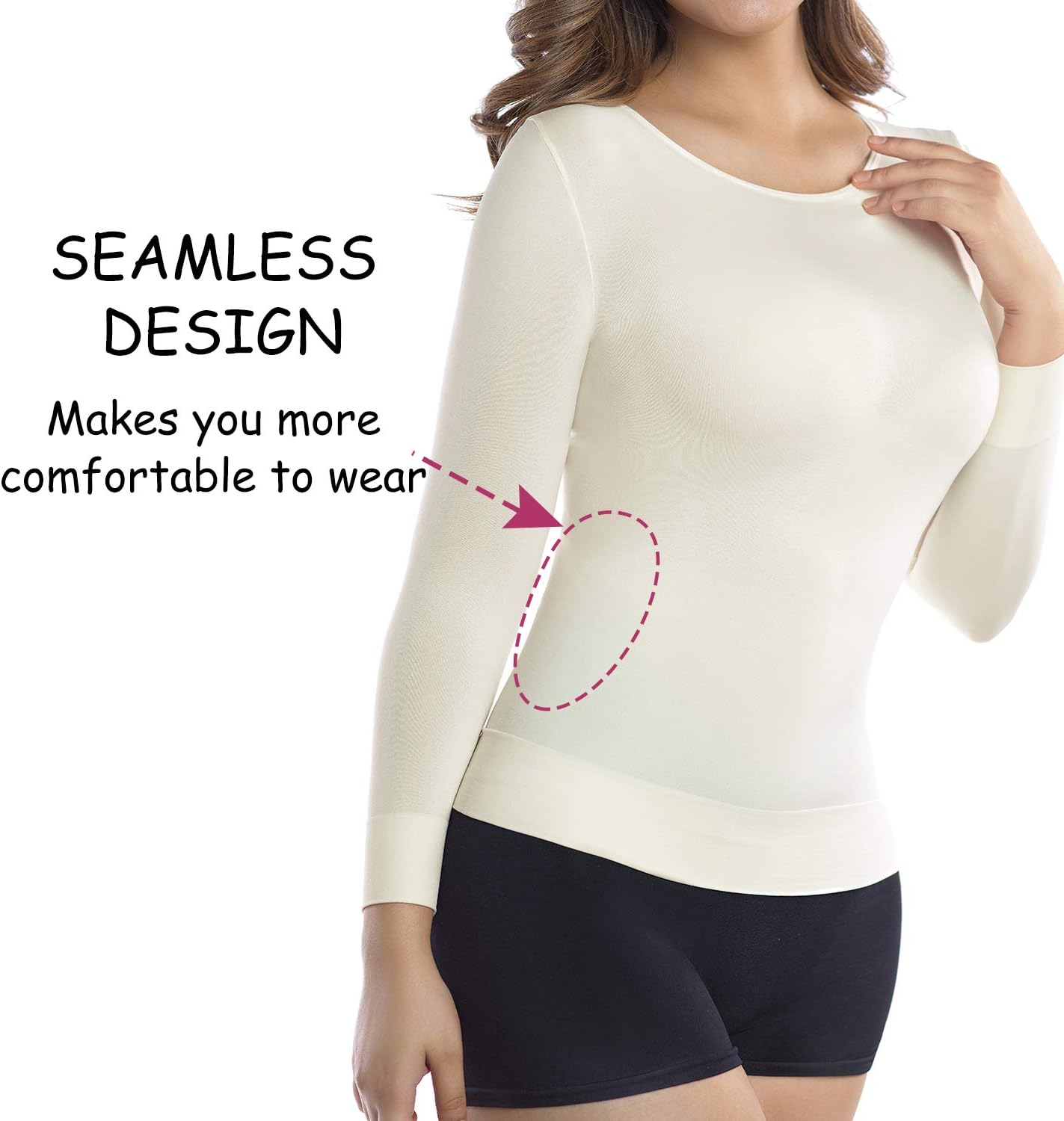 +MD Womens Compression Slimming Shirt 3/4 Long Sleeve Undershirts Round-Neck Basic Shapewear Thermal Tops