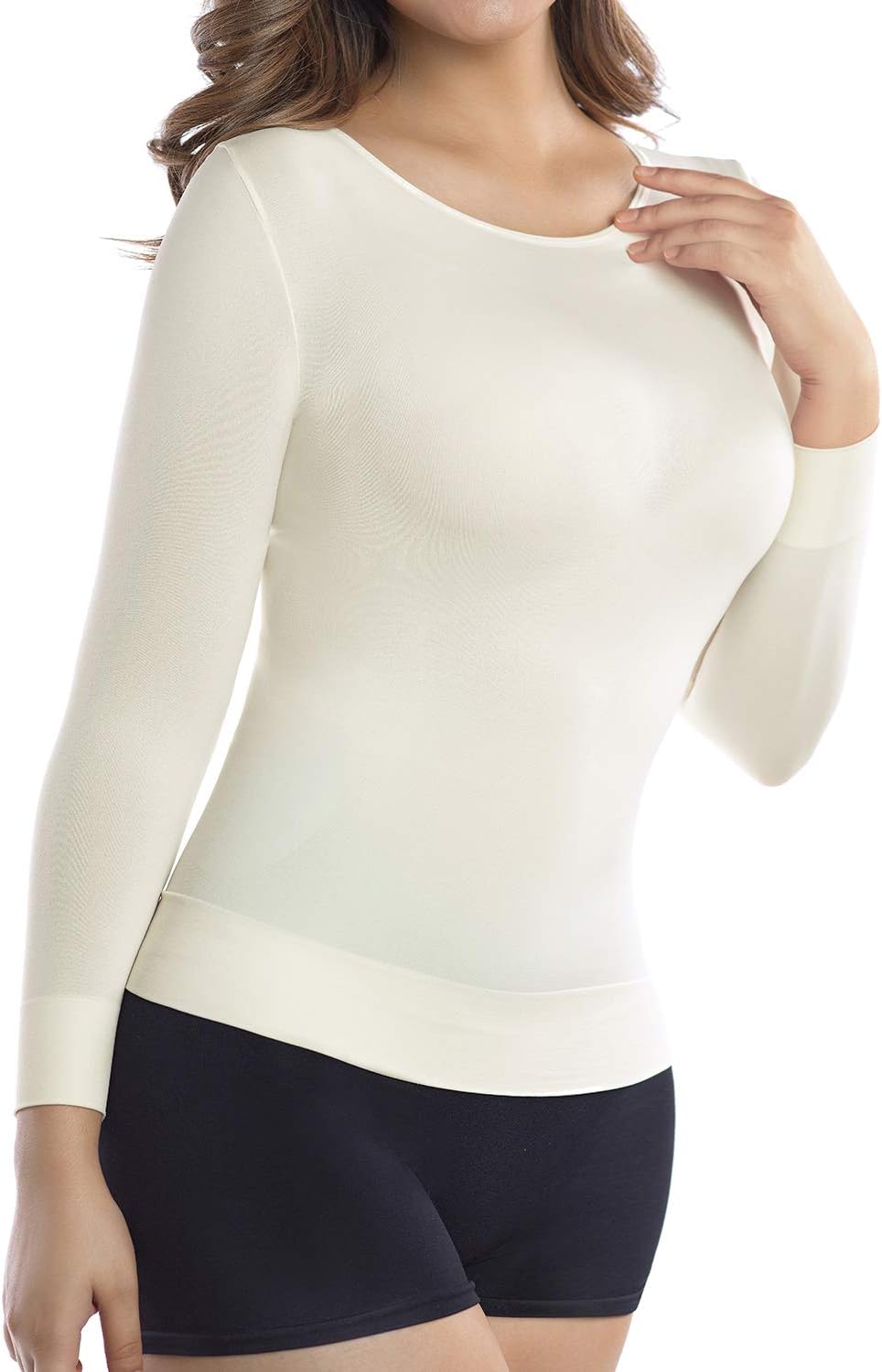 +MD Womens Compression Slimming Shirt 3/4 Long Sleeve Undershirts Round-Neck Basic Shapewear Thermal Tops