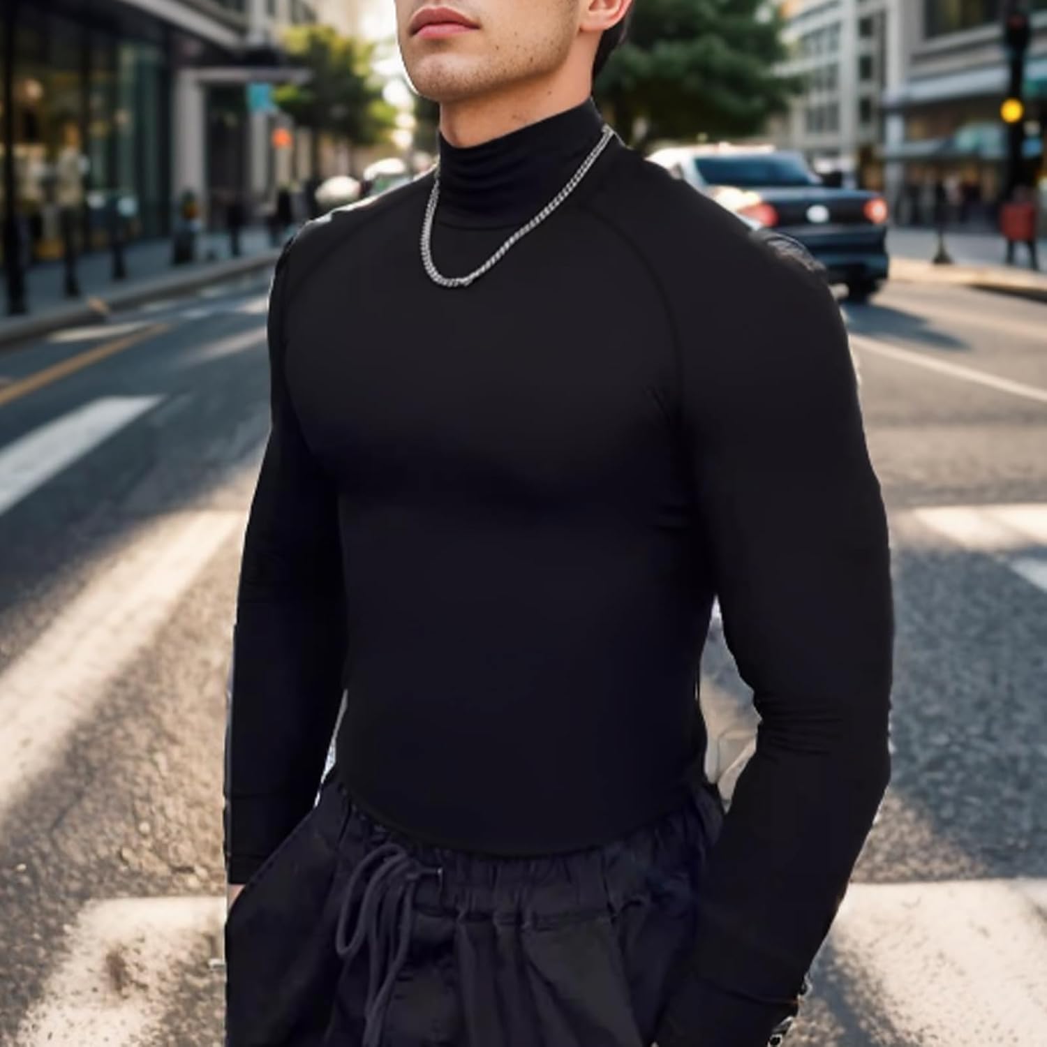+MD Mock Turtleneck Long Sleeve Shirts for Men, Thermal Tops, High Neck Fleece Basic Baselayer, Fit Undershirt