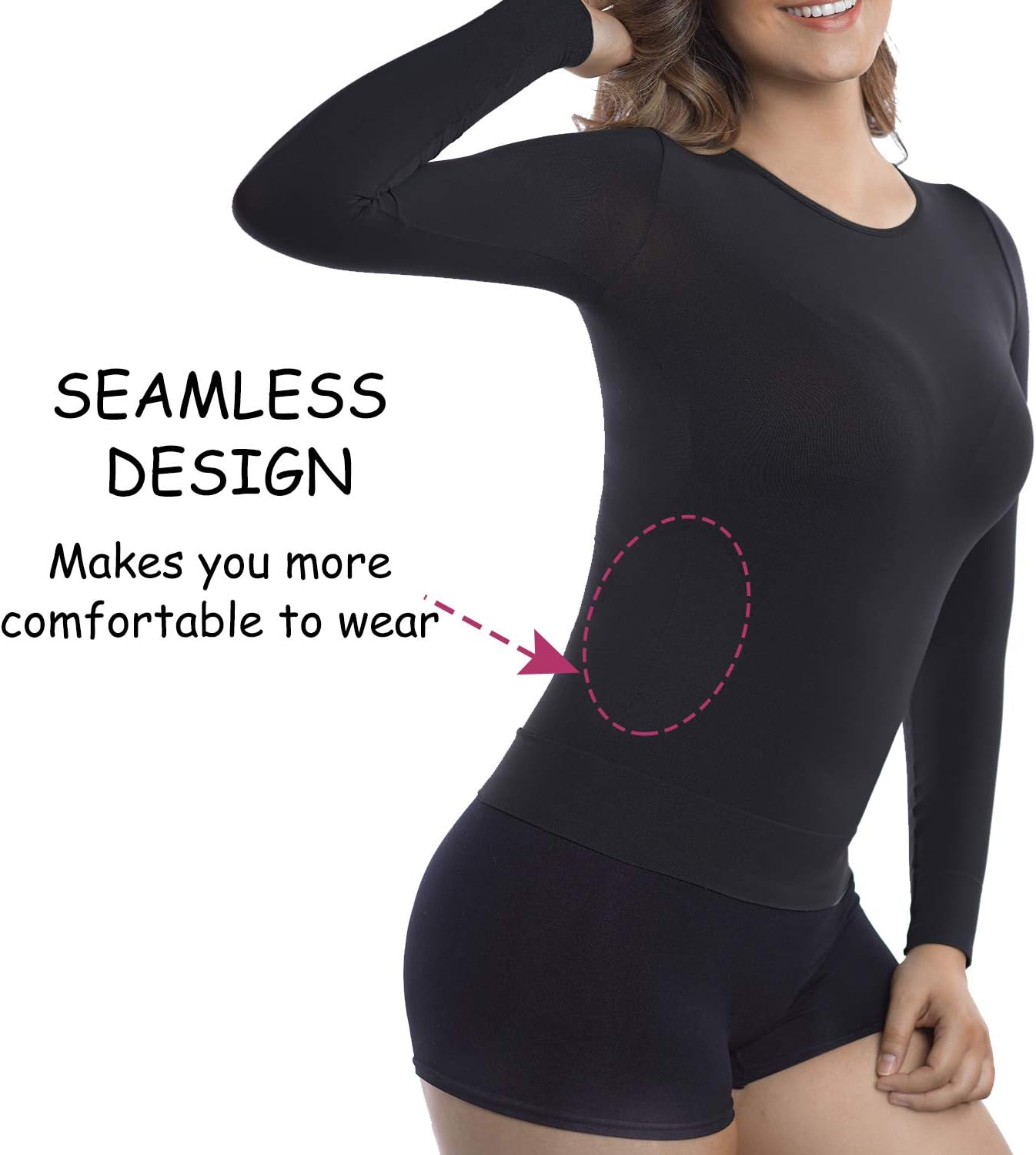 +MD Womens Compression Slimming Shirts and Undershirts for Tummy Waist and Bust Long Sleeves Thermal Underwear Round Neck