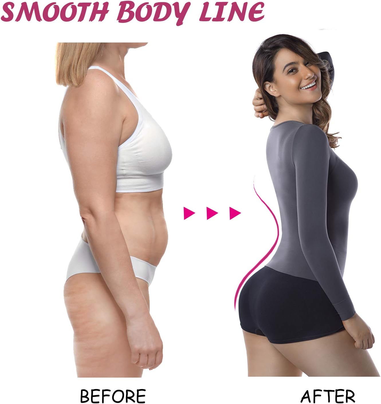 +MD Womens Compression Slimming Shirts and Undershirts for Tummy Waist and Bust Long Sleeves Thermal Underwear Round Neck