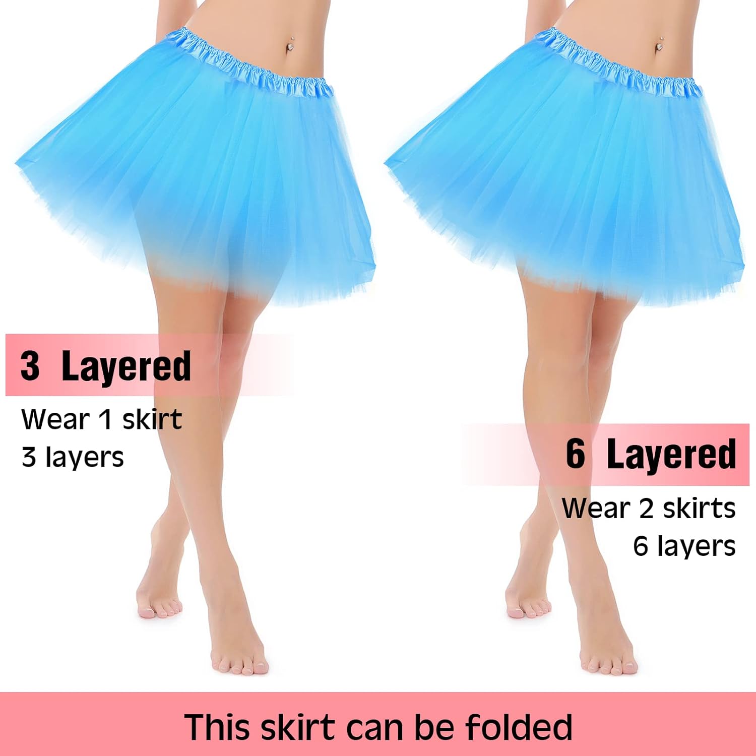 2 Packs Tutu Skirt Elastic Lady Teen Adult Tutu Skirt Short Ladies 80's Halloween Costume 3 Layered Tulle