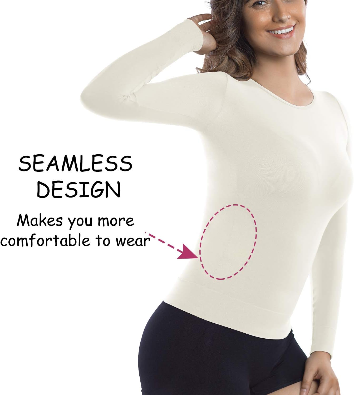 +MD Womens Compression Slimming Shirts and Undershirts for Tummy Waist and Bust Long Sleeves Thermal Underwear Round Neck