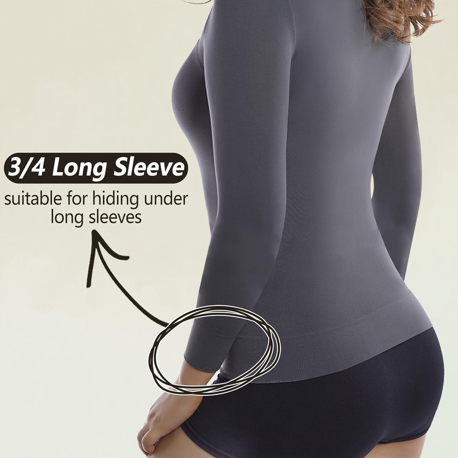 +MD Womens Compression Slimming Shirt 3/4 Long Sleeve Undershirts Round-Neck Basic Shapewear Thermal Tops