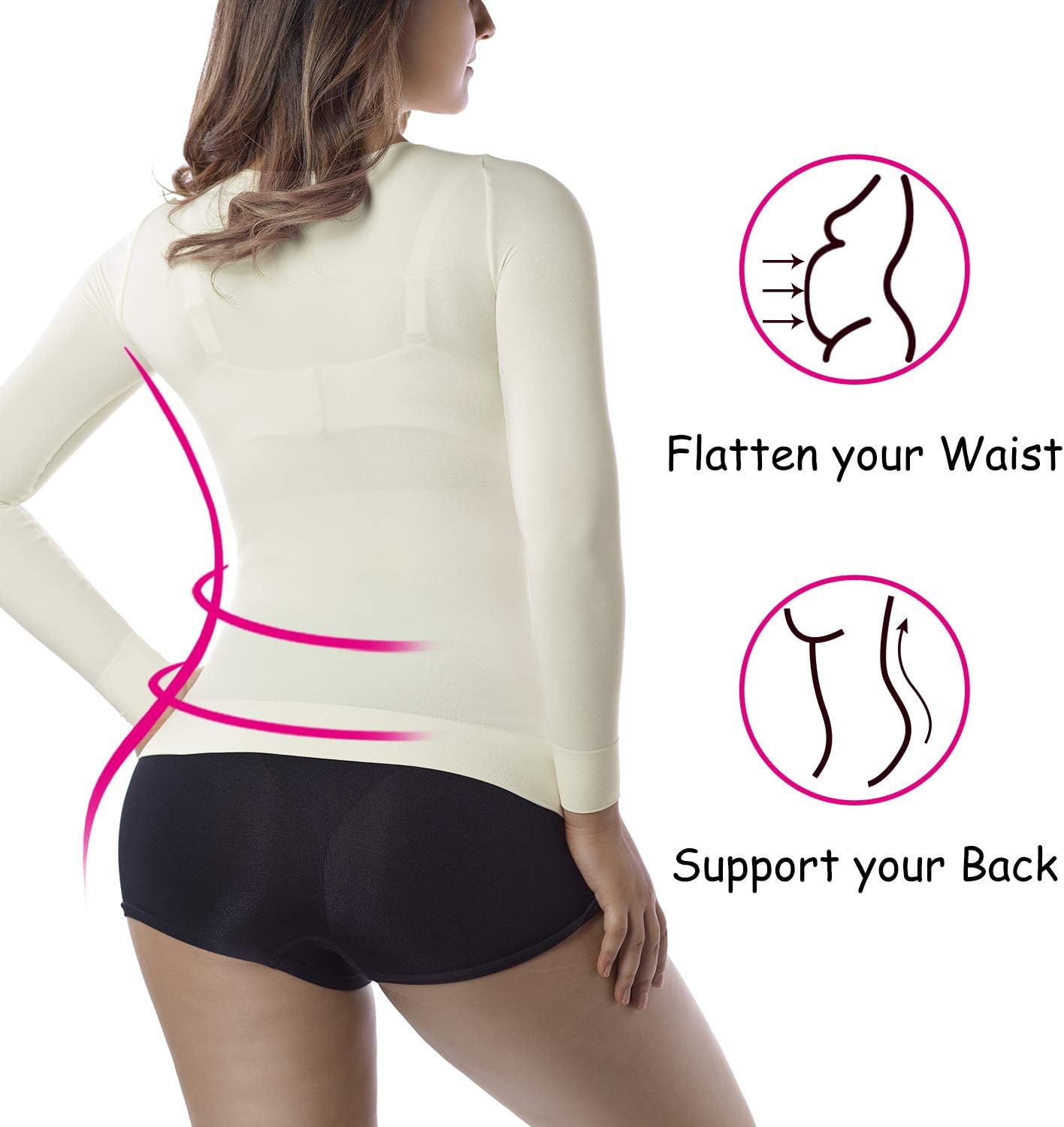 +MD Womens Compression Slimming Shirts and Undershirts for Tummy Waist and Bust Long Sleeves Thermal Underwear Round Neck