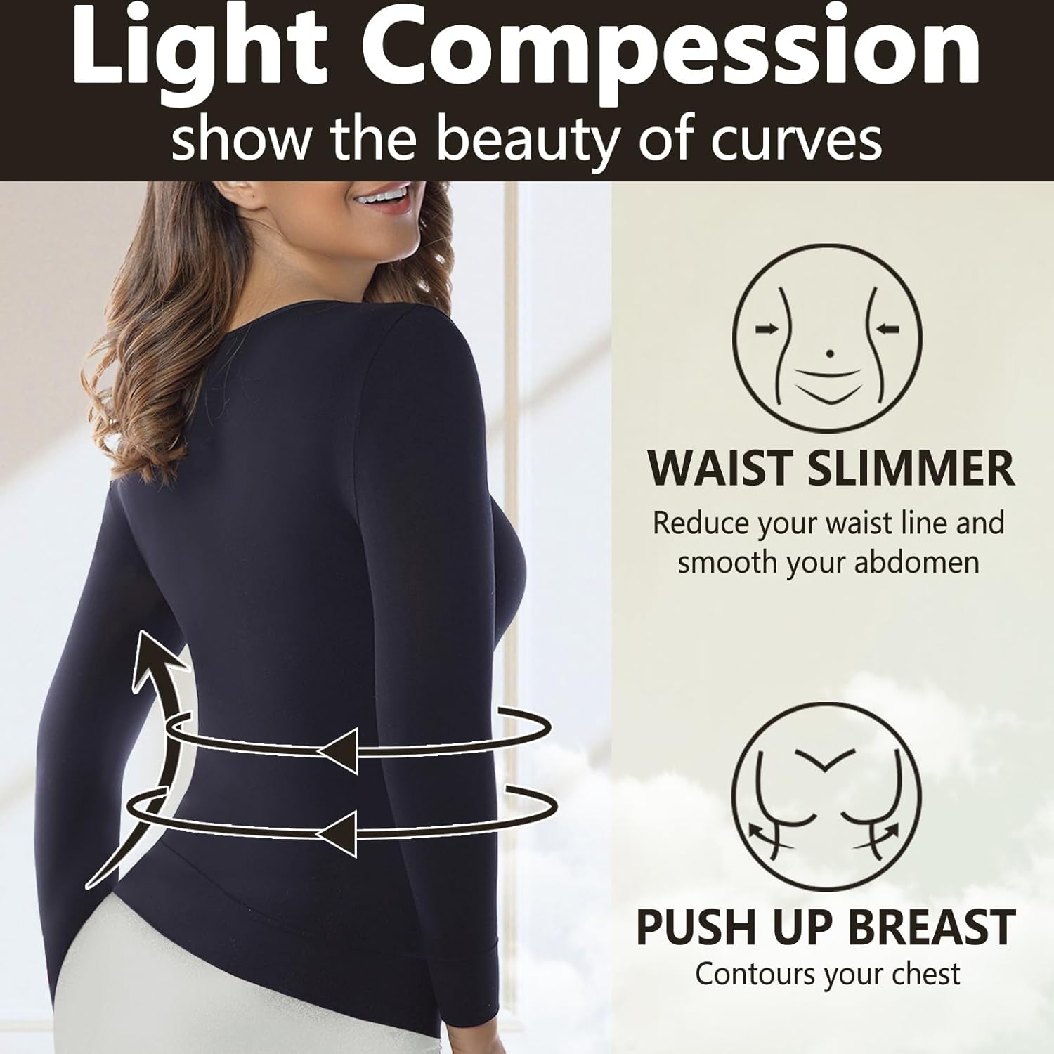 +MD Womens Compression Slimming Shirt 3/4 Long Sleeve Undershirts Round-Neck Basic Shapewear Thermal Tops