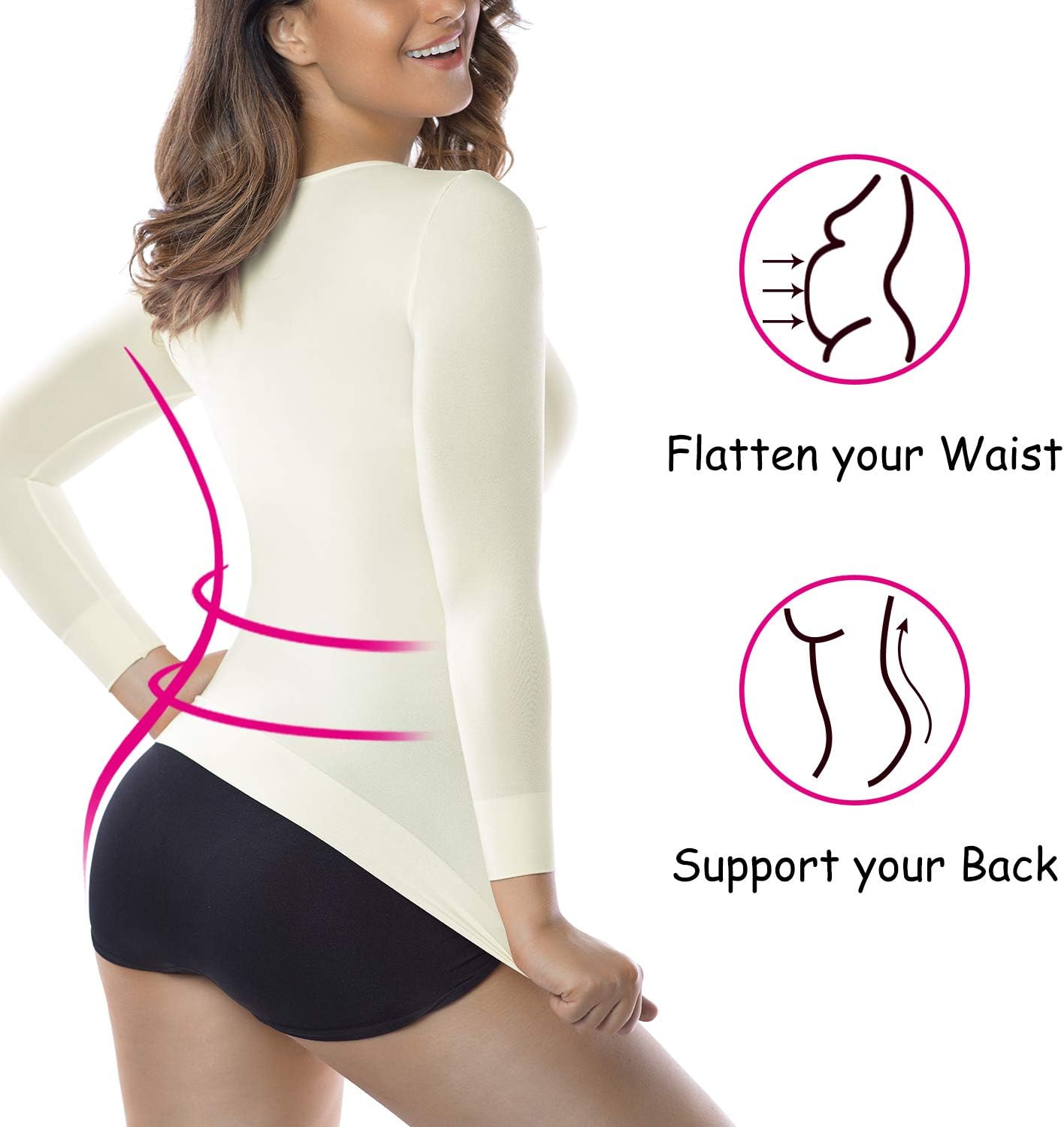 +MD Womens Compression Slimming Shirt 3/4 Long Sleeve Undershirts Round-Neck Basic Shapewear Thermal Tops
