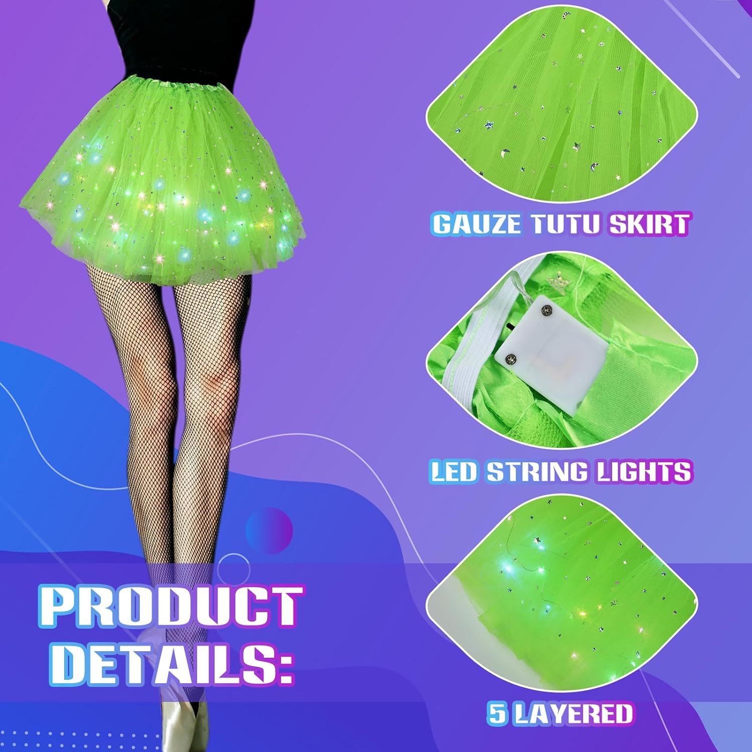 2 Pack LED Tutu Skirt Layered Tutus for Women Light up 80's Tulle Tutu Skirt Party Carnival Costume