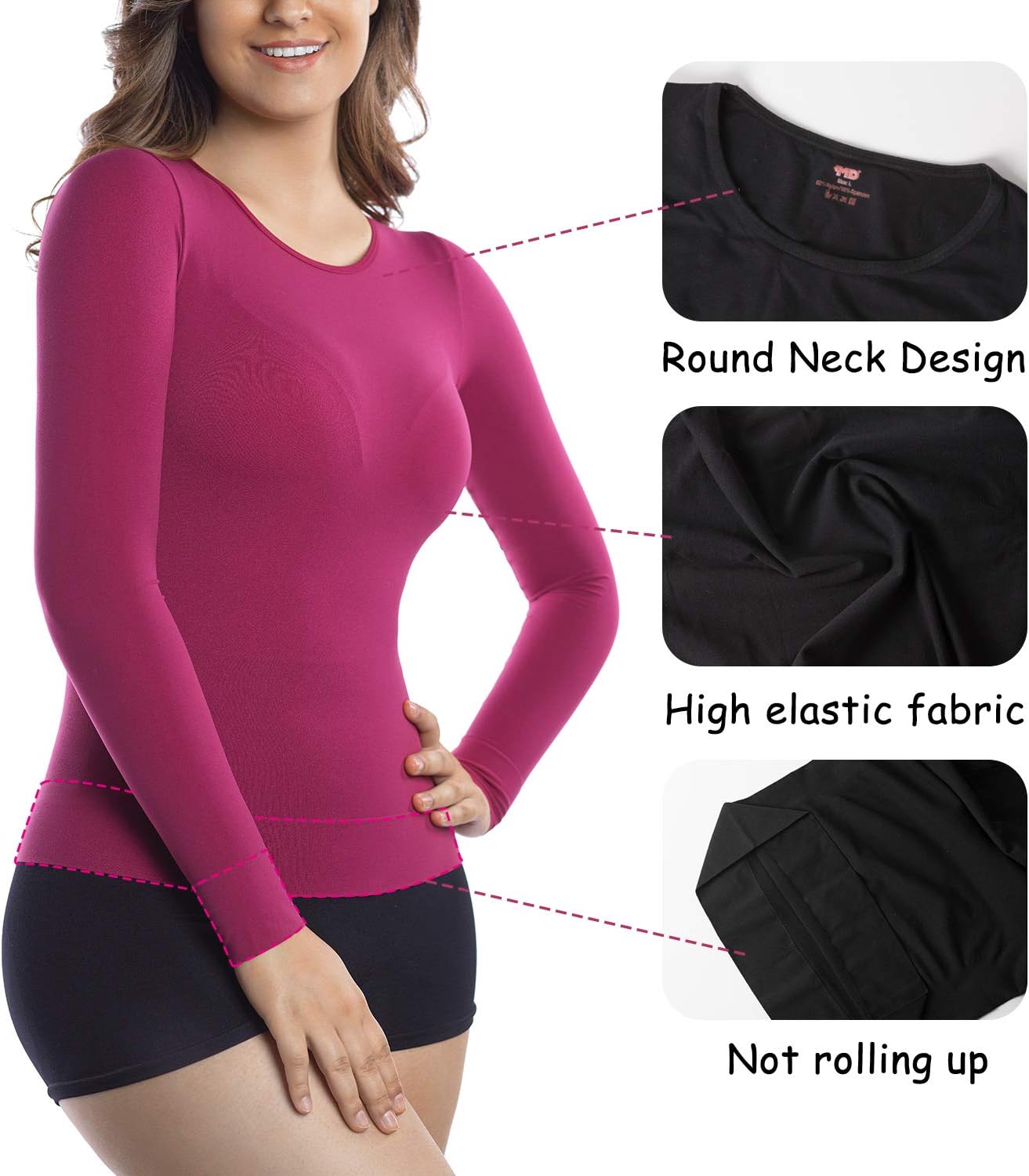 +MD Womens Compression Slimming Shirts and Undershirts for Tummy Waist and Bust Long Sleeves Thermal Underwear Round Neck