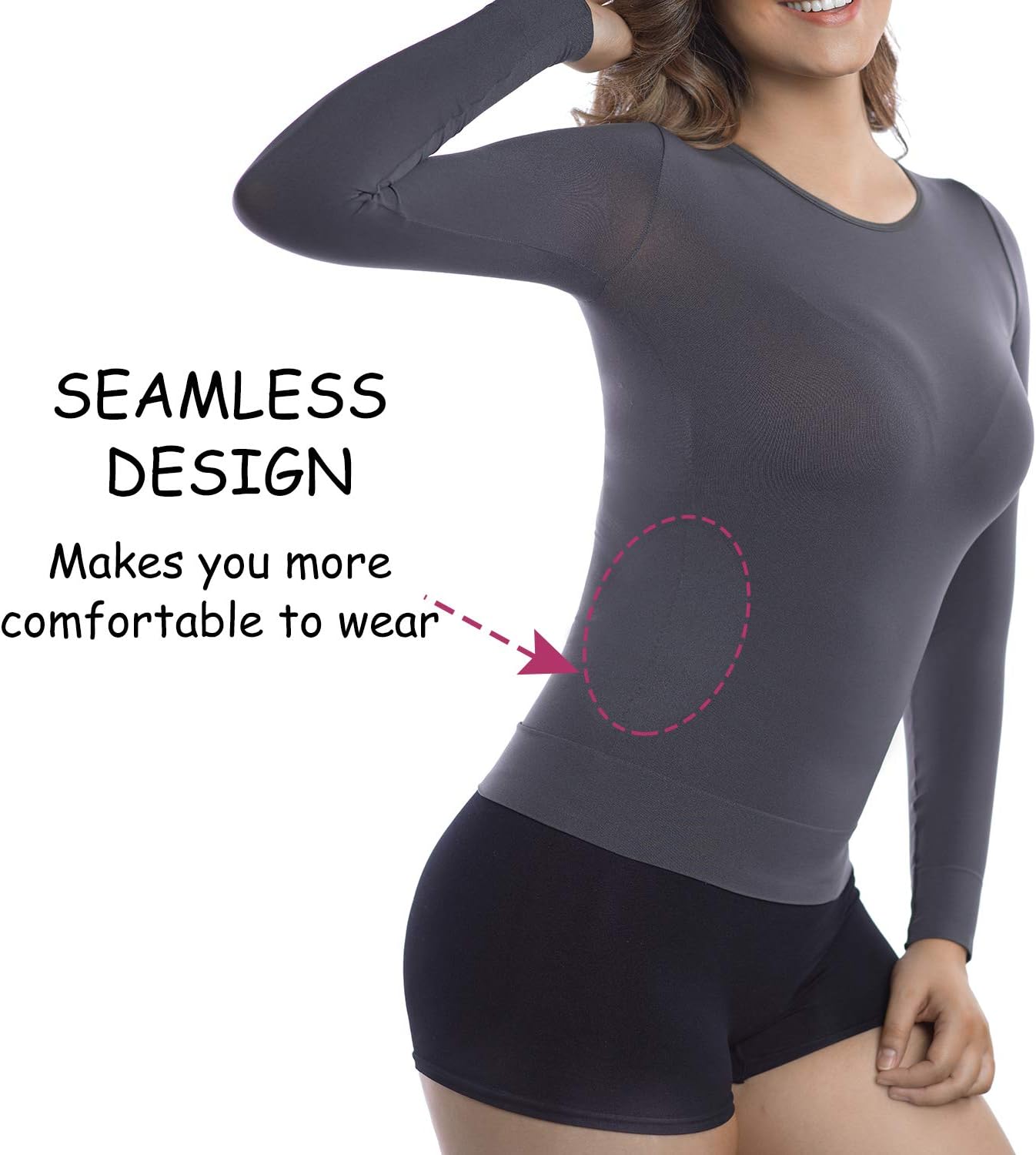 +MD Womens Compression Slimming Shirts and Undershirts for Tummy Waist and Bust Long Sleeves Thermal Underwear Round Neck