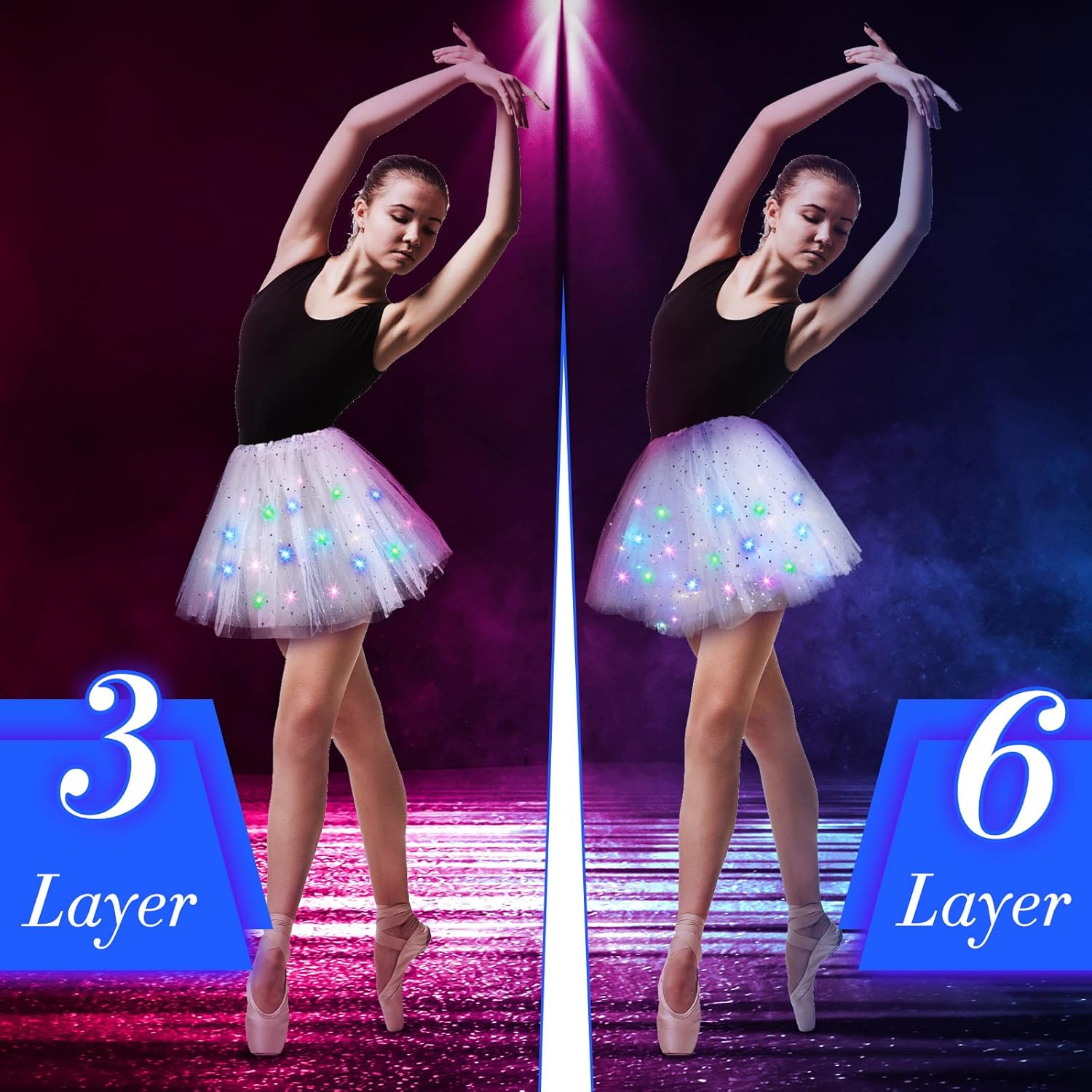 2 Pack LED Tutu Skirt Layered Tutus for Women Light up 80's Tulle Tutu Skirt Party Carnival Costume