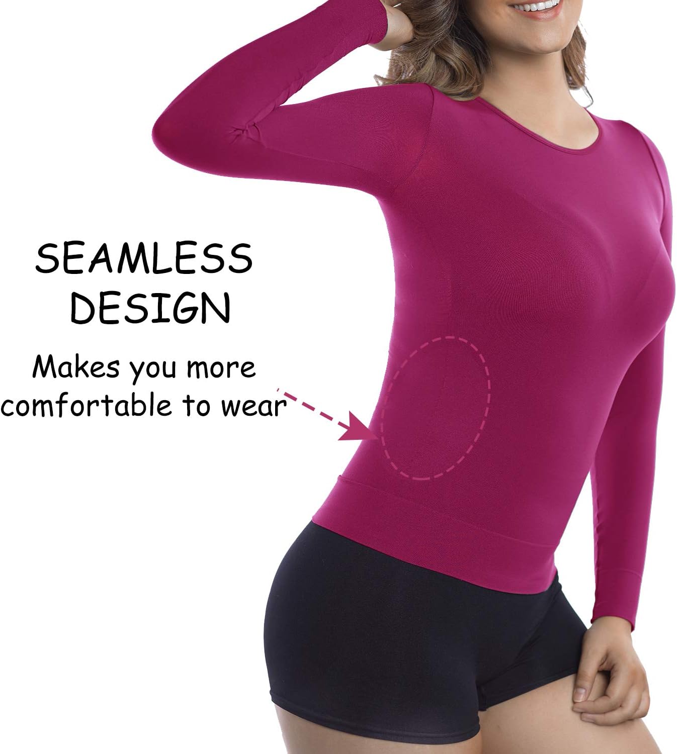 +MD Womens Compression Slimming Shirts and Undershirts for Tummy Waist and Bust Long Sleeves Thermal Underwear Round Neck