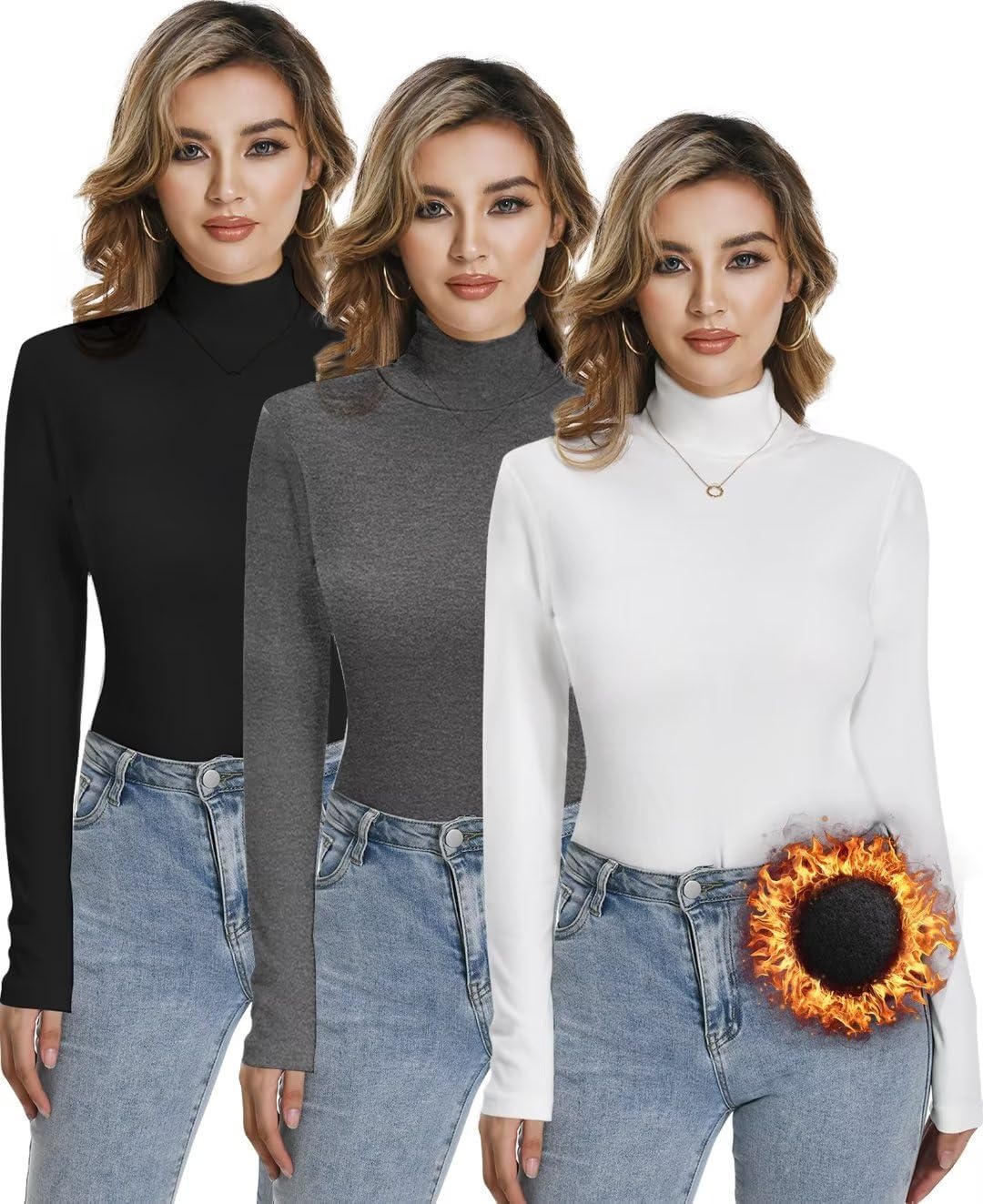 2/3 Pack Women Long Sleeve Thermal Turtle Neck Shirts Double-Sided Fleece Lined Turtleneck Base Layer Sweater Tops