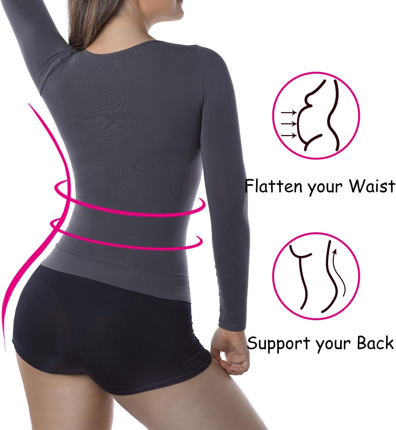 +MD Womens Compression Slimming Shirts and Undershirts for Tummy Waist and Bust Long Sleeves Thermal Underwear Round Neck