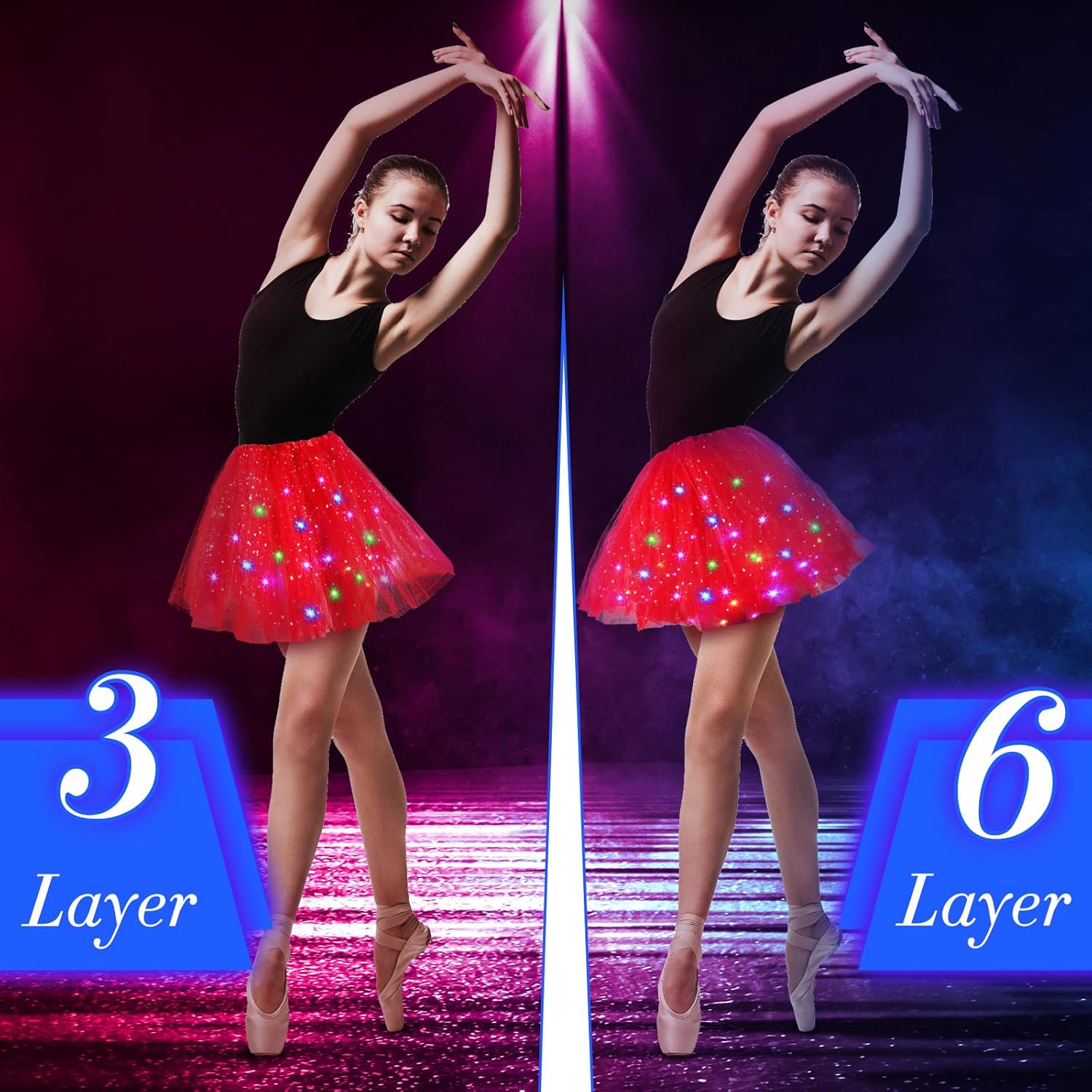 2 Pack LED Tutu Skirt Layered Tutus for Women Light up 80's Tulle Tutu Skirt Party Carnival Costume