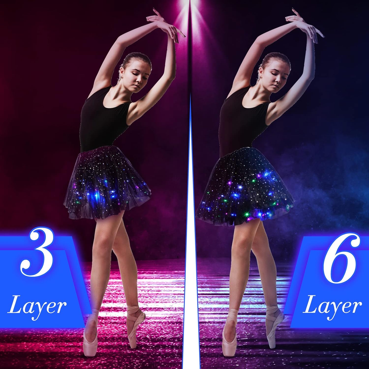 2 Pack LED Tutu Skirt Layered Tutus for Women Light up 80's Tulle Tutu Skirt Party Carnival Costume
