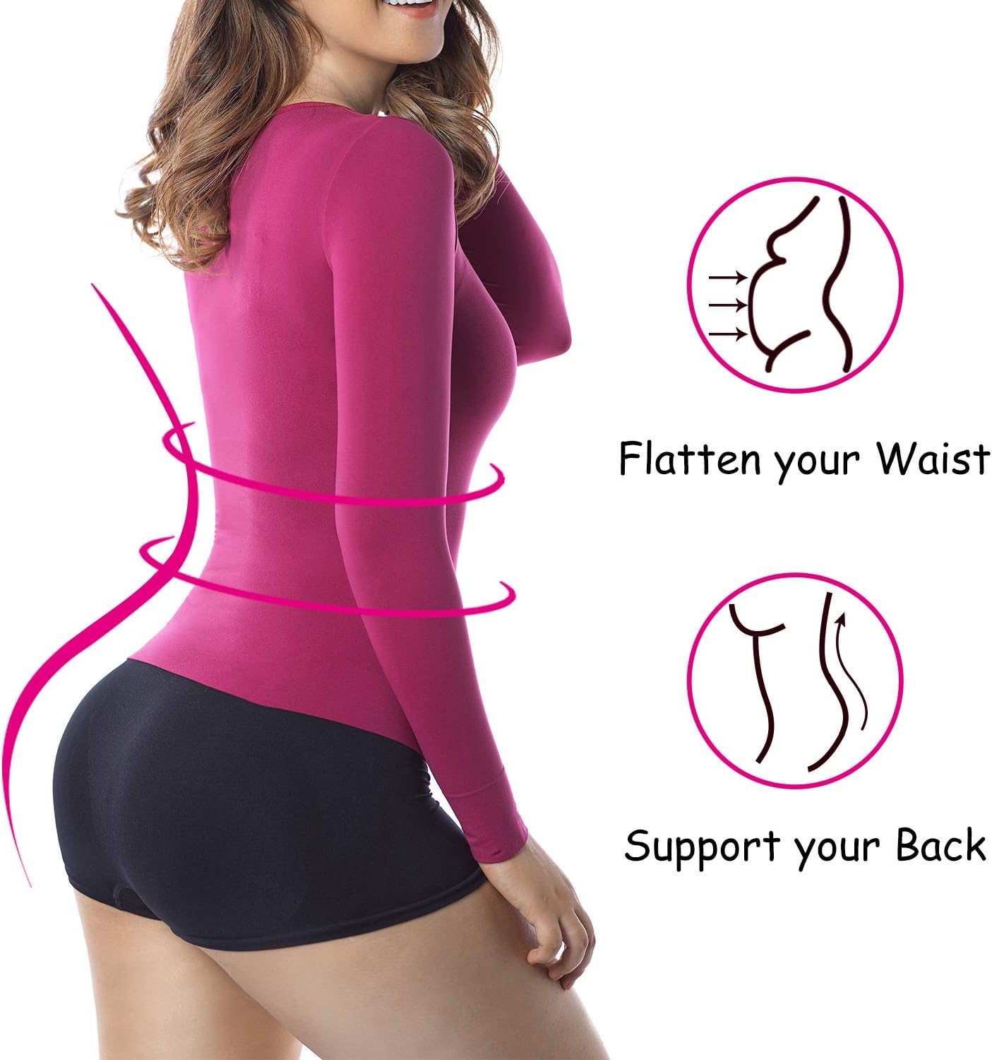 +MD Womens Compression Slimming Shirts and Undershirts for Tummy Waist and Bust Long Sleeves Thermal Underwear Round Neck