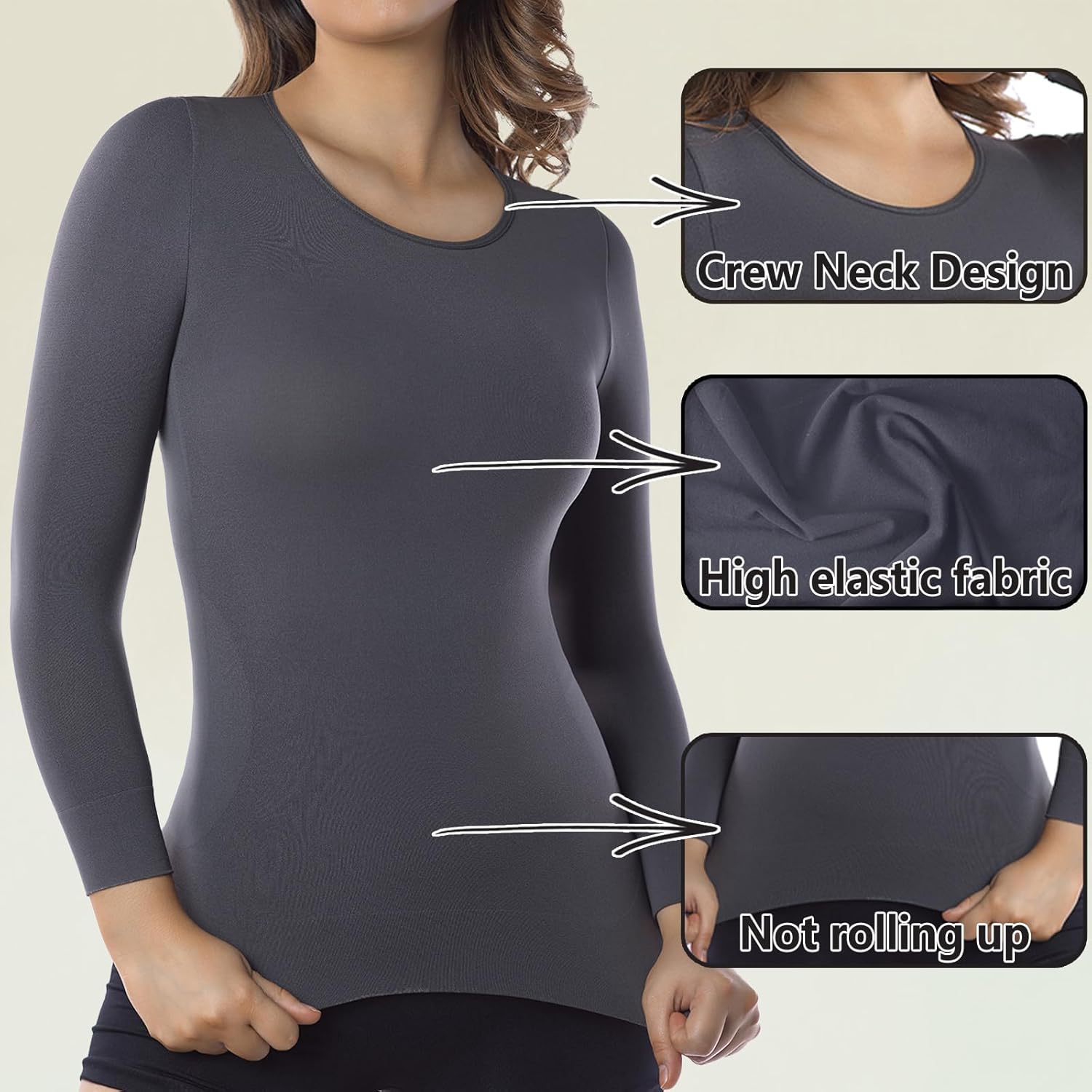 +MD Womens Compression Slimming Shirt 3/4 Long Sleeve Undershirts Round-Neck Basic Shapewear Thermal Tops