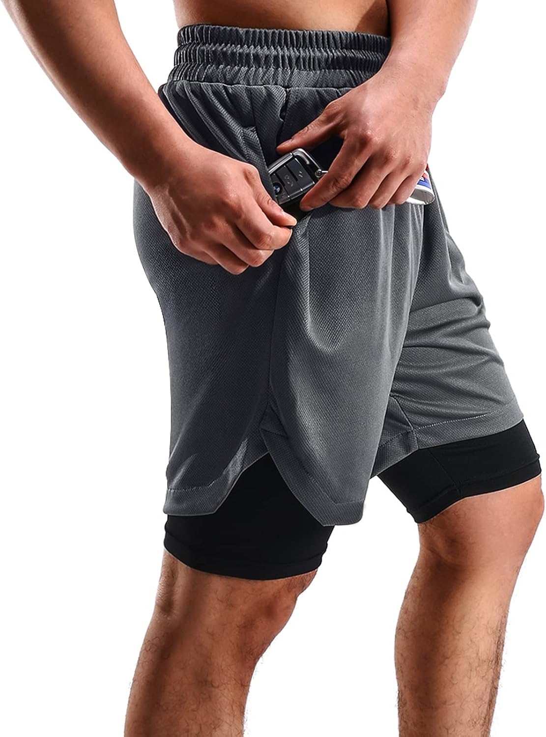 2 in 1 Mens Shorts Casual 2 Pack, Running Gym Shorts for Men 7 Inch, Workout Shorts Men with Pockets &Towel Loop