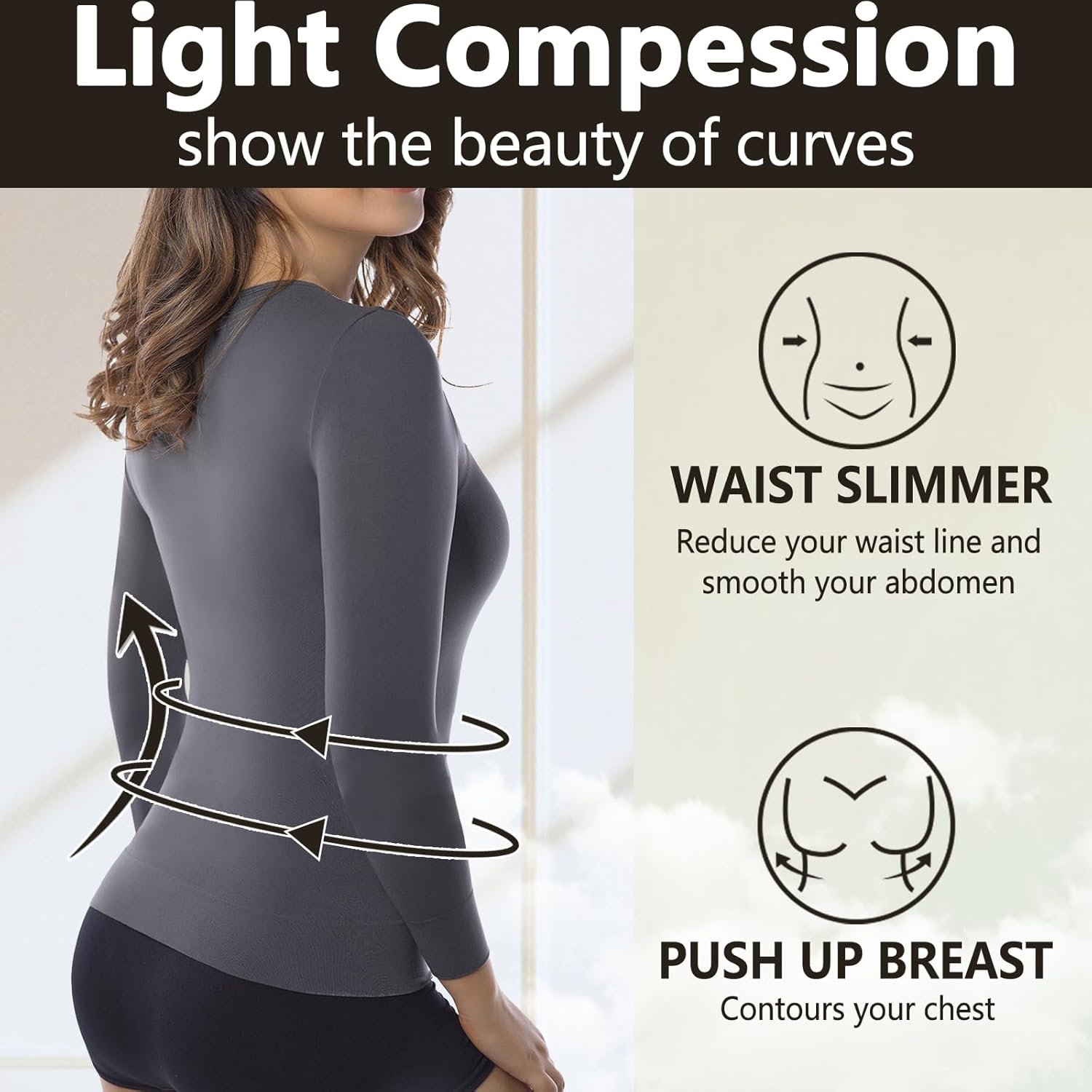 +MD Womens Compression Slimming Shirt 3/4 Long Sleeve Undershirts Round-Neck Basic Shapewear Thermal Tops
