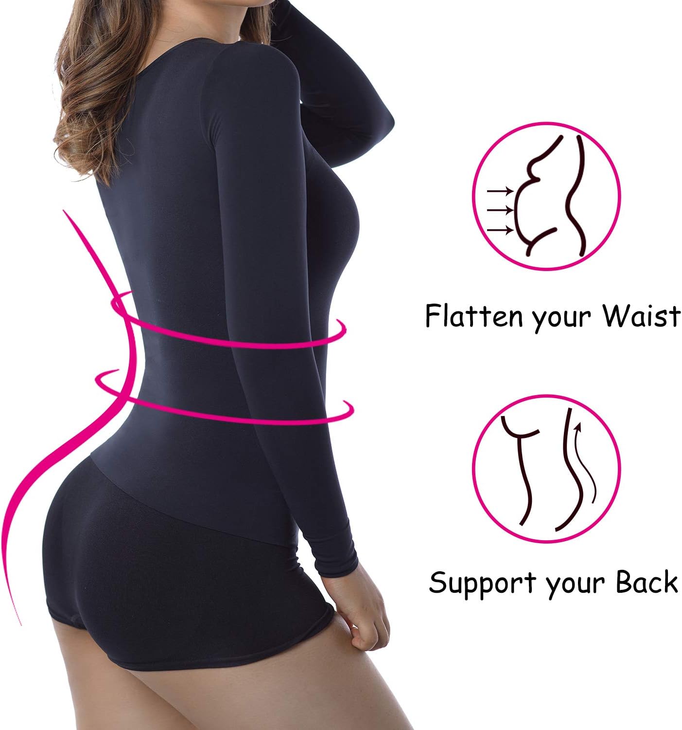 +MD Womens Compression Slimming Shirts and Undershirts for Tummy Waist and Bust Long Sleeves Thermal Underwear Round Neck