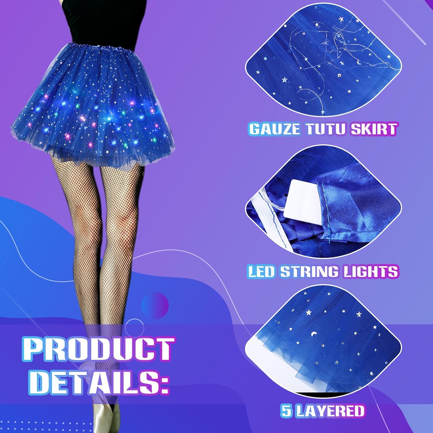 2 Pack LED Tutu Skirt Layered Tutus for Women Light up 80's Tulle Tutu Skirt Party Carnival Costume