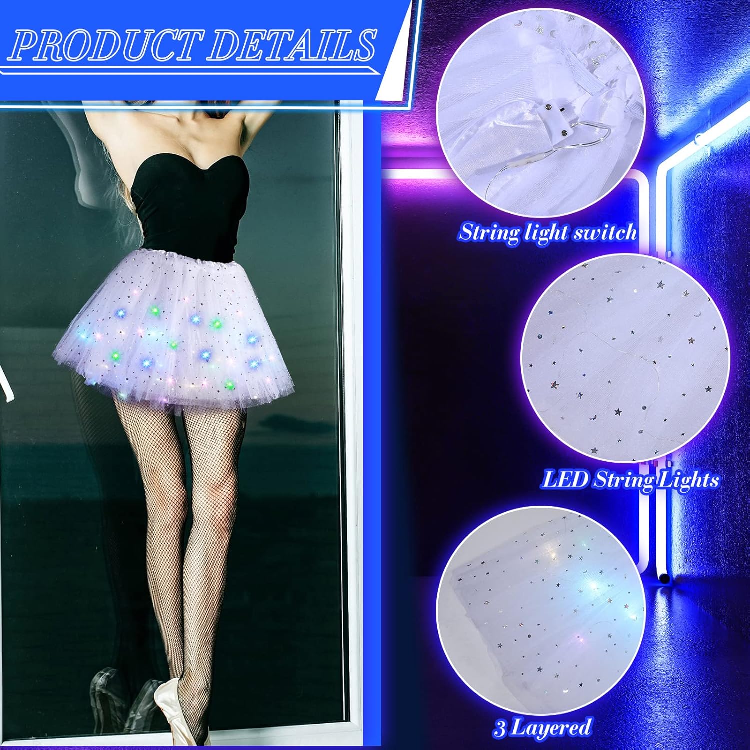 2 Pack LED Tutu Skirt Layered Tutus for Women Light up 80's Tulle Tutu Skirt Party Carnival Costume