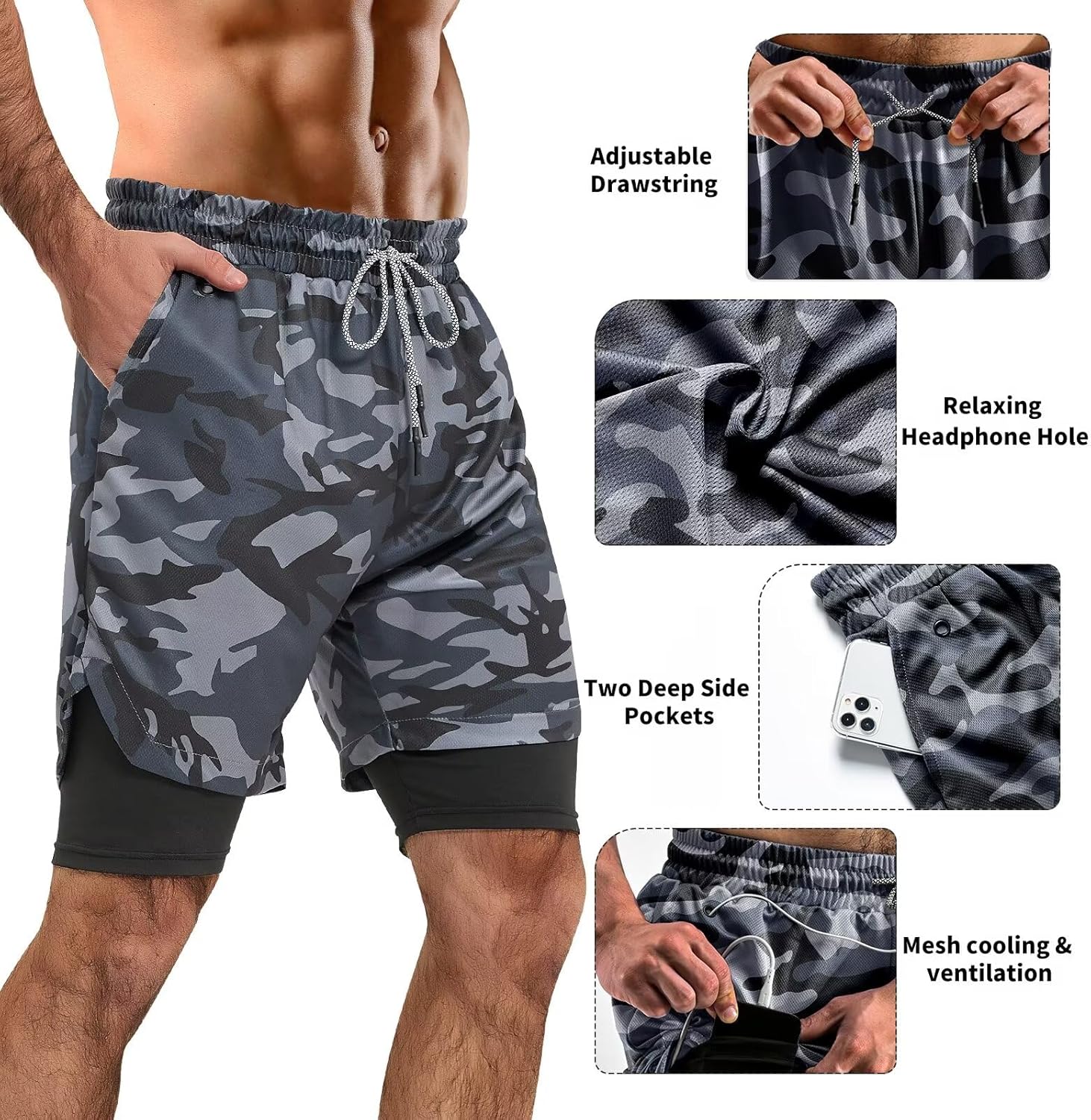 2 in 1 Mens Shorts Casual 2 Pack, Running Gym Shorts for Men 7 Inch, Workout Shorts Men with Pockets &Towel Loop