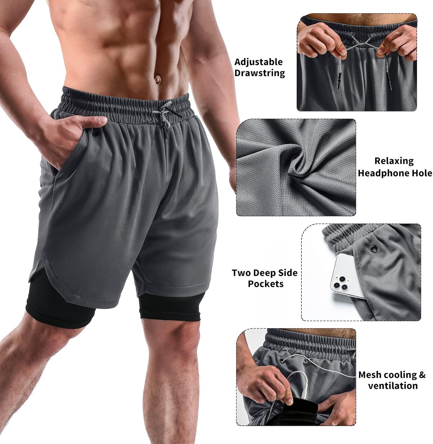2 in 1 Mens Shorts Casual 2 Pack, Running Gym Shorts for Men 7 Inch, Workout Shorts Men with Pockets &Towel Loop