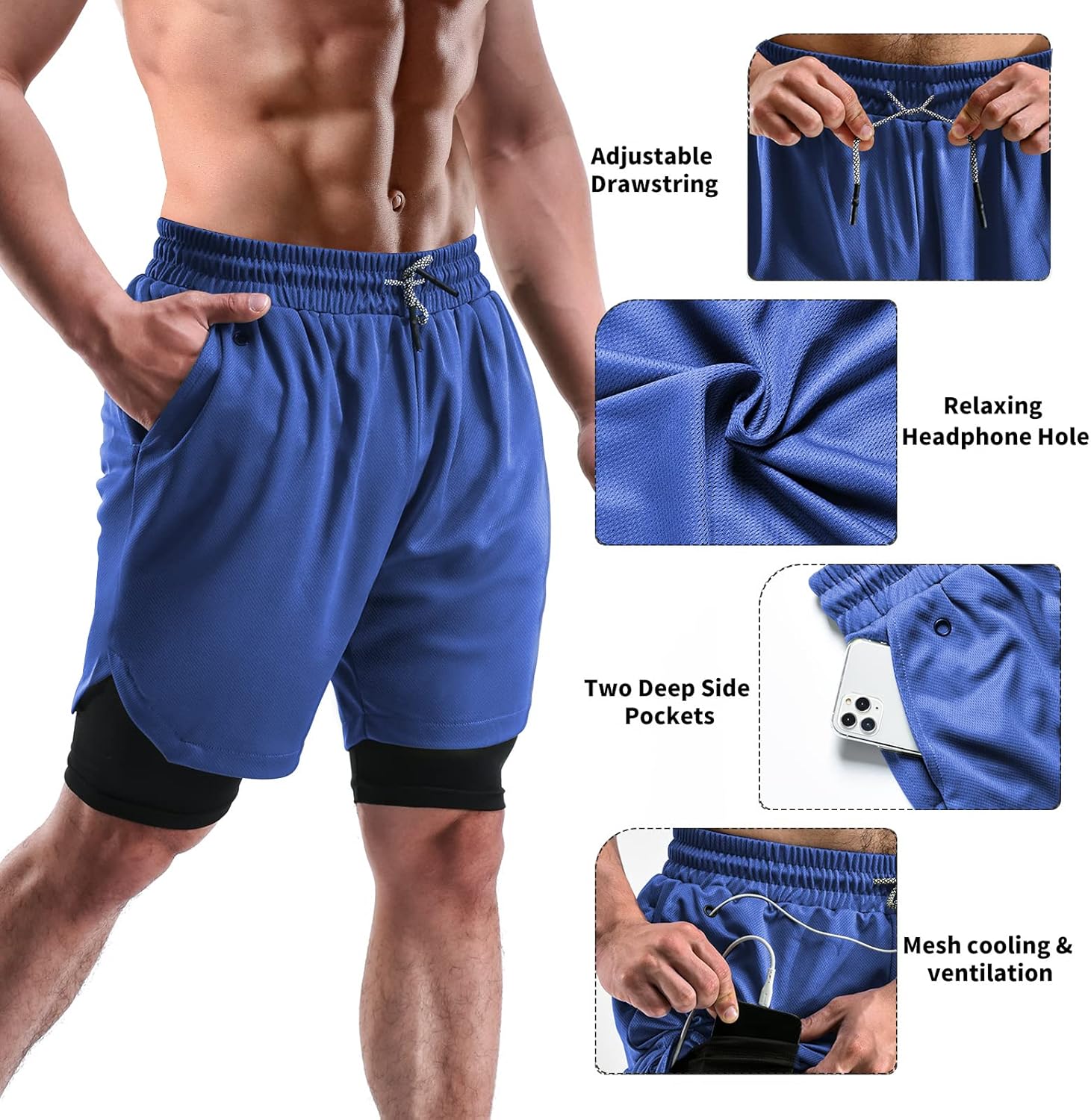 2 in 1 Mens Shorts Casual 2 Pack, Running Gym Shorts for Men 7 Inch, Workout Shorts Men with Pockets &Towel Loop