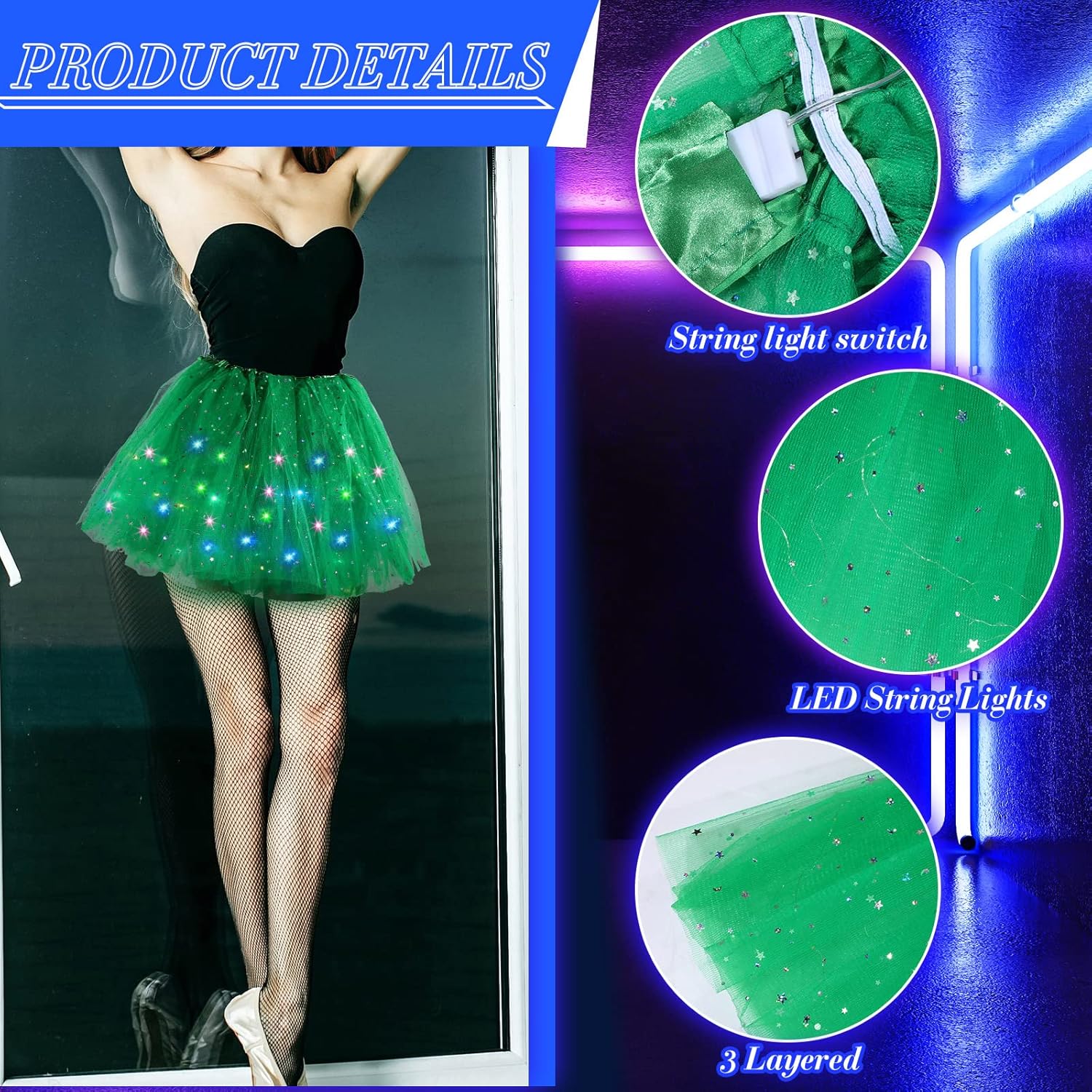 2 Pack LED Tutu Skirt Layered Tutus for Women Light up 80's Tulle Tutu Skirt Party Carnival Costume