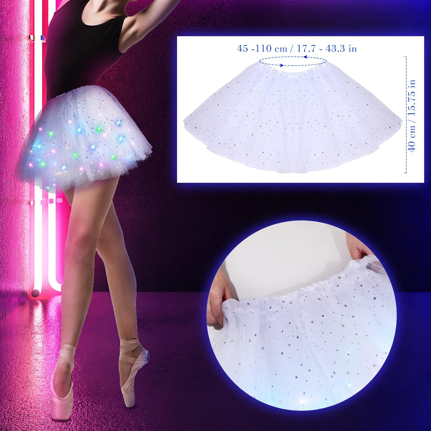 2 Pack LED Tutu Skirt Layered Tutus for Women Light up 80's Tulle Tutu Skirt Party Carnival Costume