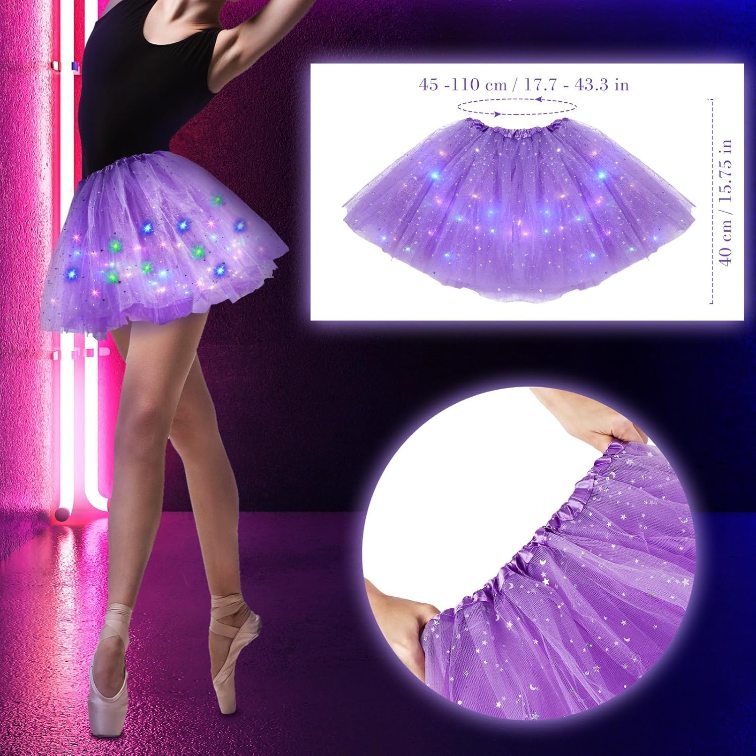 2 Pack LED Tutu Skirt Layered Tutus for Women Light up 80's Tulle Tutu Skirt Party Carnival Costume