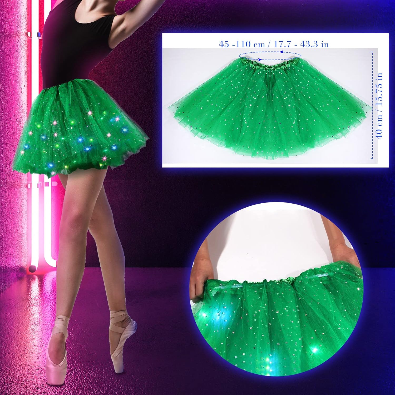 2 Pack LED Tutu Skirt Layered Tutus for Women Light up 80's Tulle Tutu Skirt Party Carnival Costume