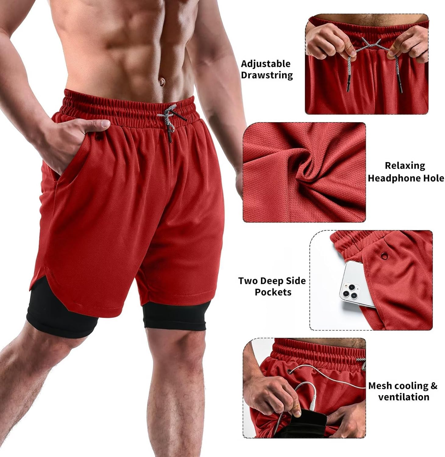 2 in 1 Mens Shorts Casual 2 Pack, Running Gym Shorts for Men 7 Inch, Workout Shorts Men with Pockets &Towel Loop