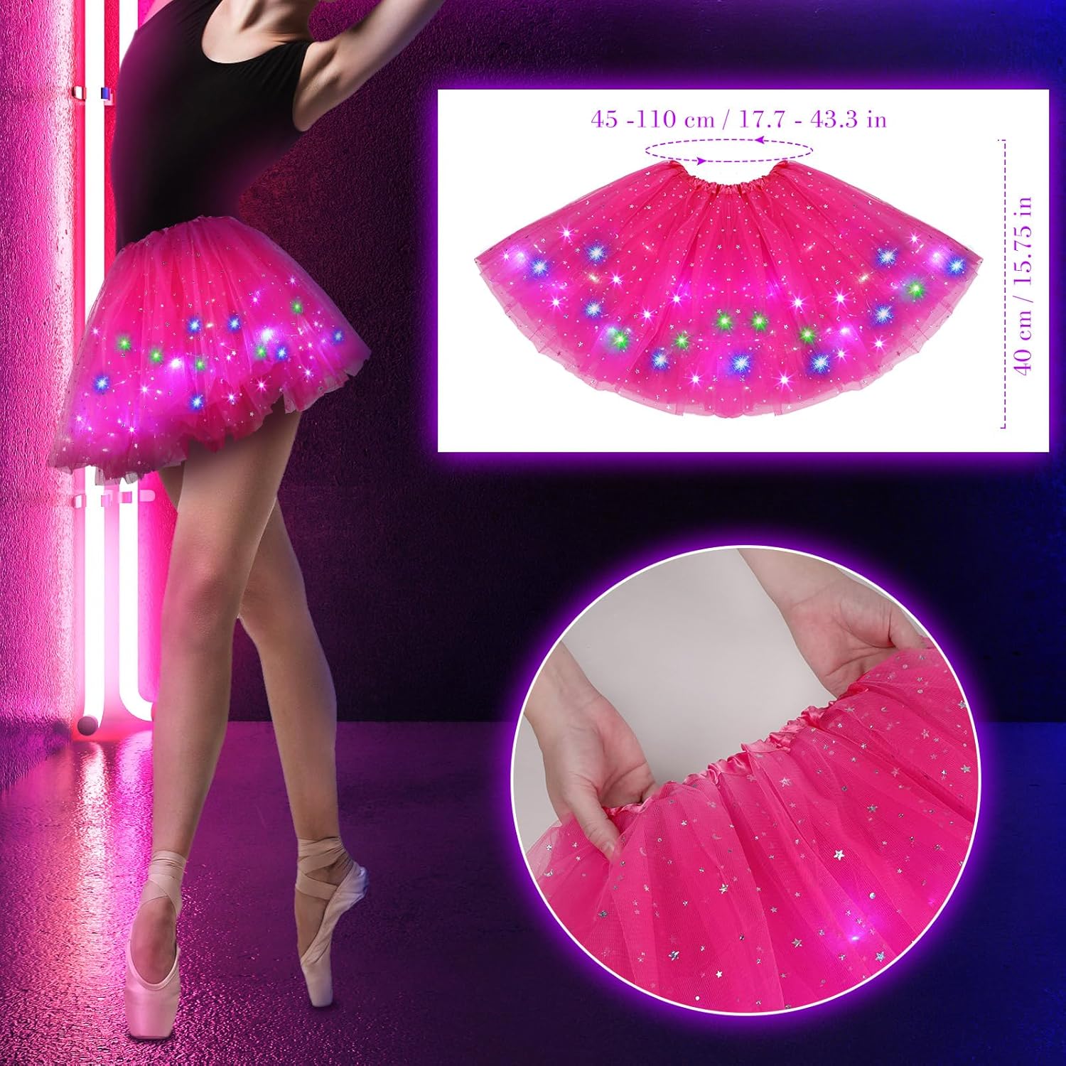 2 Pack LED Tutu Skirt Layered Tutus for Women Light up 80's Tulle Tutu Skirt Party Carnival Costume