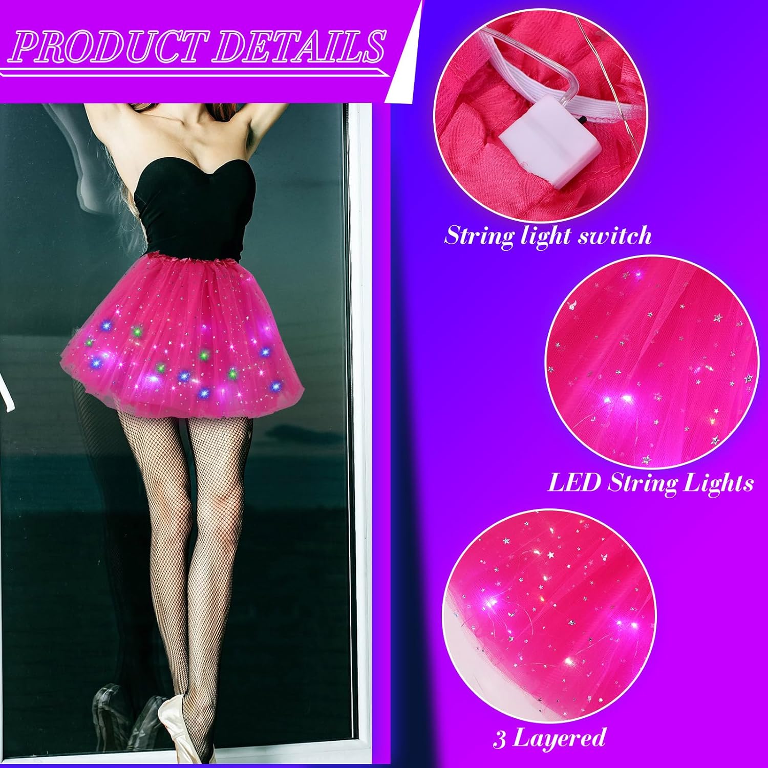 2 Pack LED Tutu Skirt Layered Tutus for Women Light up 80's Tulle Tutu Skirt Party Carnival Costume