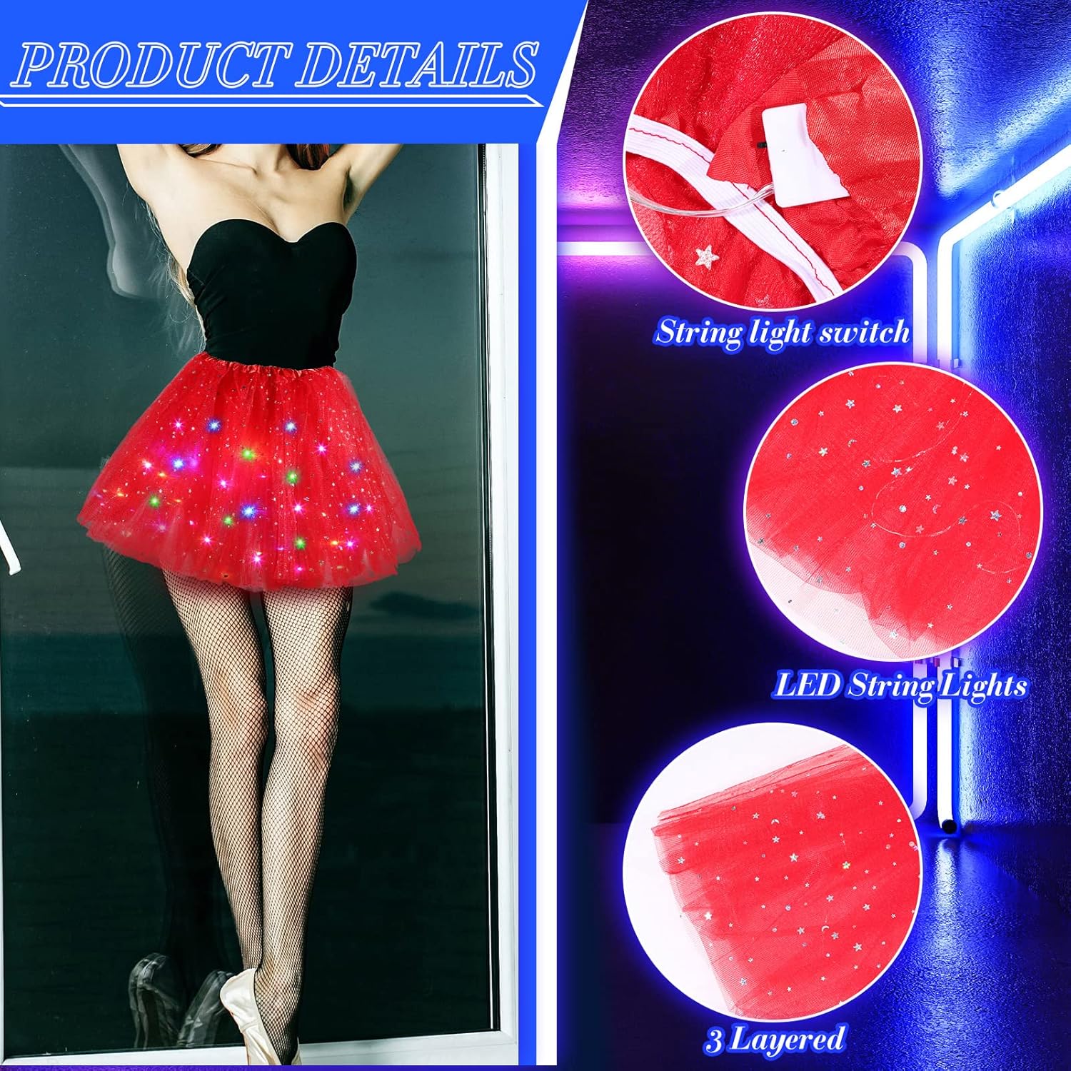 2 Pack LED Tutu Skirt Layered Tutus for Women Light up 80's Tulle Tutu Skirt Party Carnival Costume