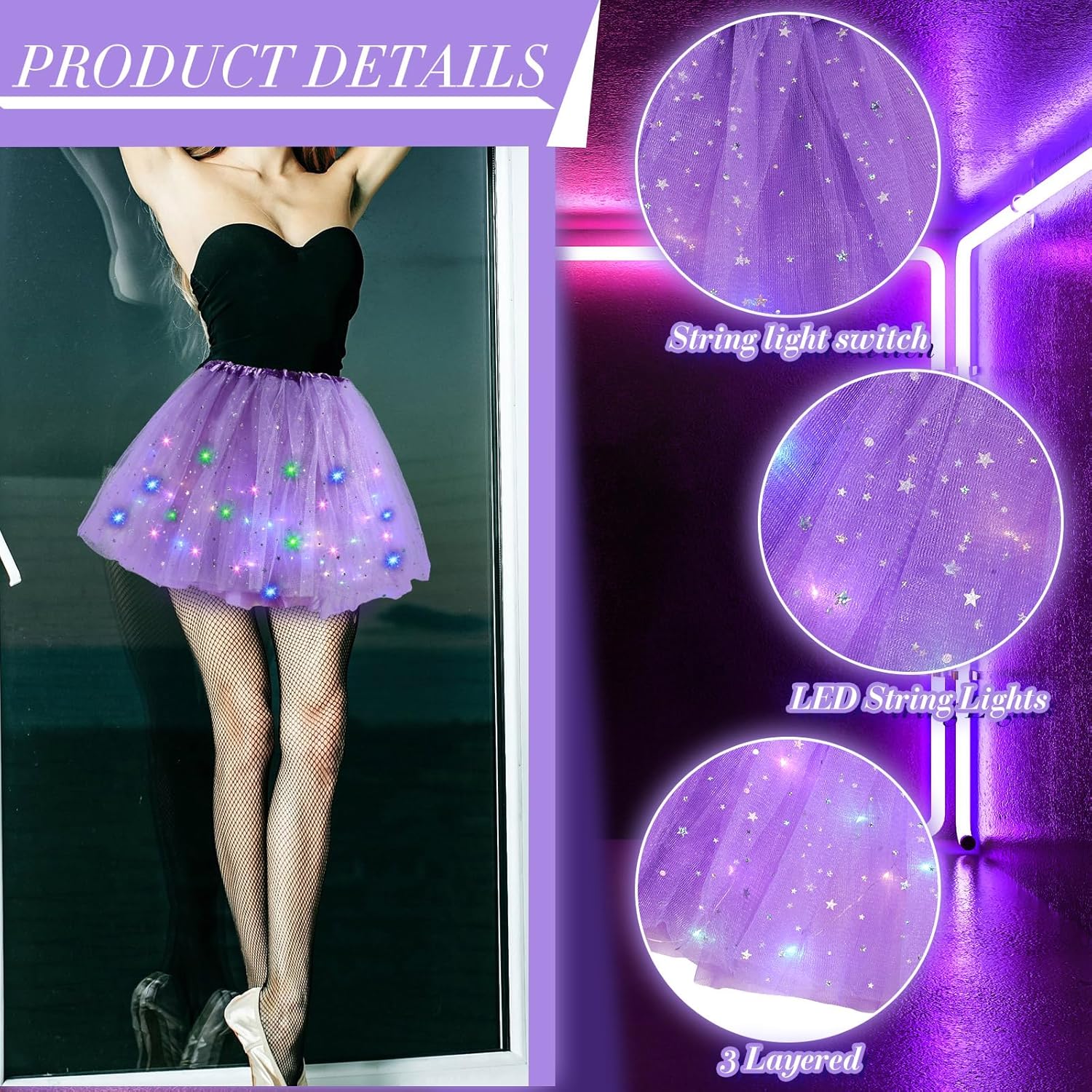 2 Pack LED Tutu Skirt Layered Tutus for Women Light up 80's Tulle Tutu Skirt Party Carnival Costume