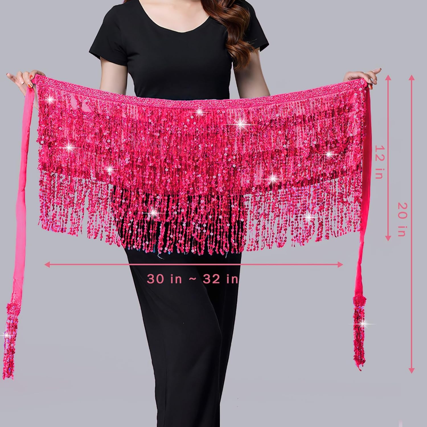 2 PCS Sequin Fringe Skirt Belly Dance Hip Scarf Sparkly Tassel Skirt Party Concert Outfit for Women with Heart Sunglasses