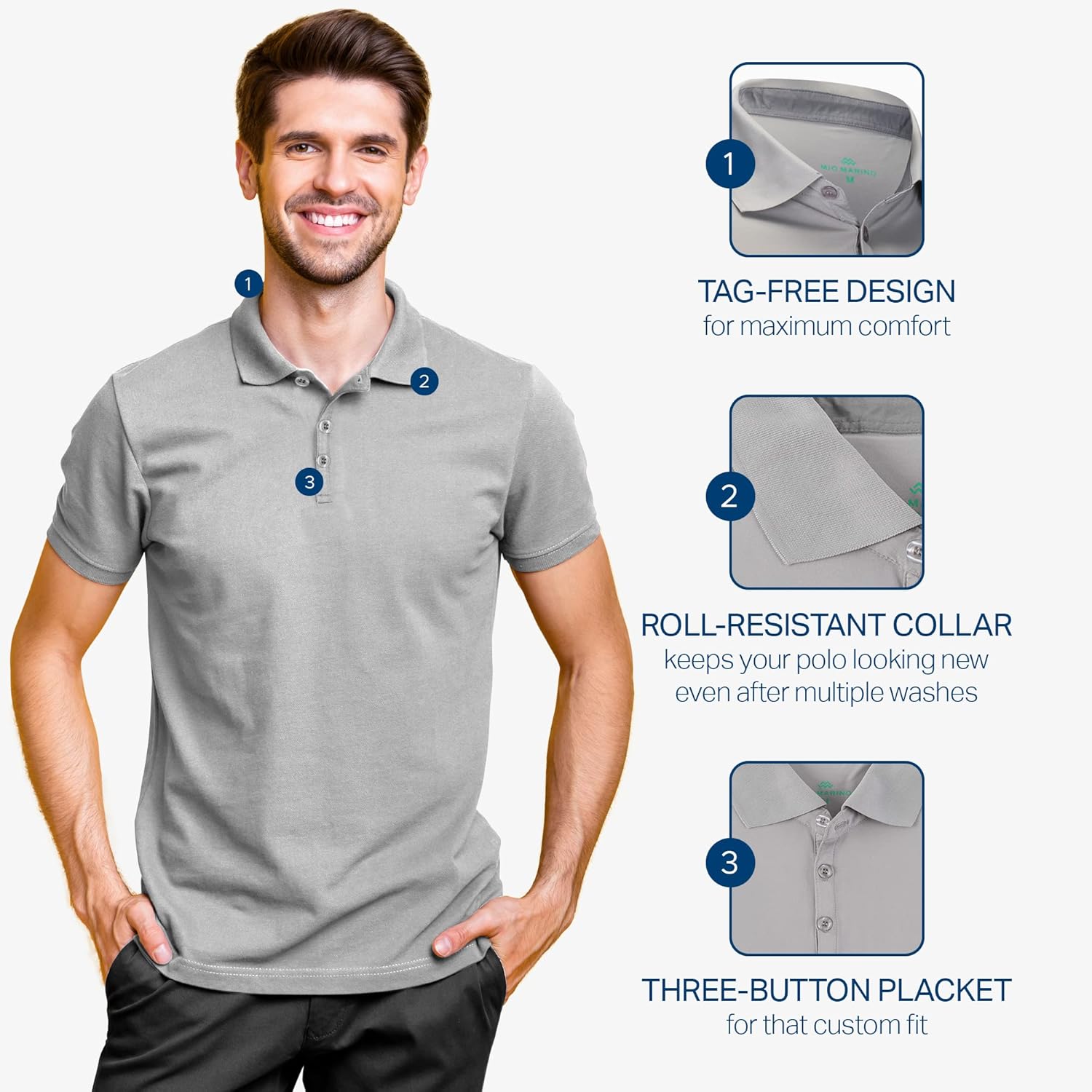 [3 Pack] Mio Marino Golf Polo Shirts for Men - Dry Fit - Ultra-Light Fabric