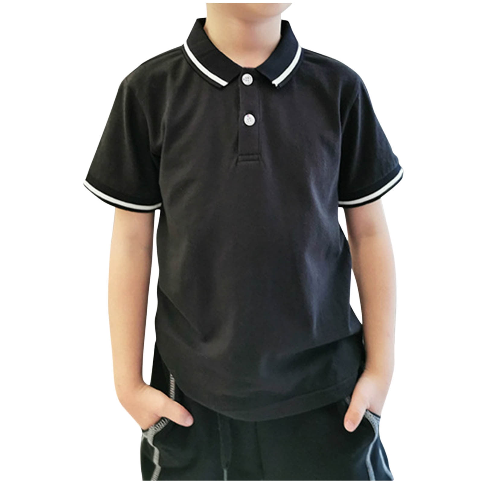 DAETIROS Boys Polo Shirts-School Uniform Shirt Casual Short Sleeve Cotton Boys Summer Clothing on Sale Navy Size 4-12
