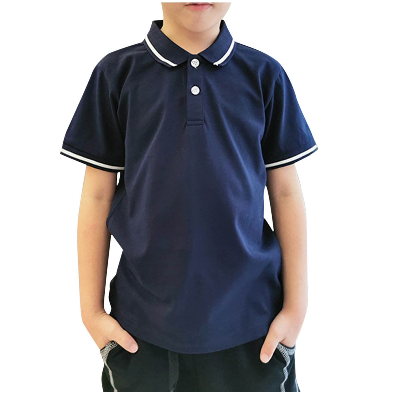 DAETIROS Boys Polo Shirts-School Uniform Shirt Casual Short Sleeve Cotton Boys Summer Clothing on Sale Navy Size 4-12