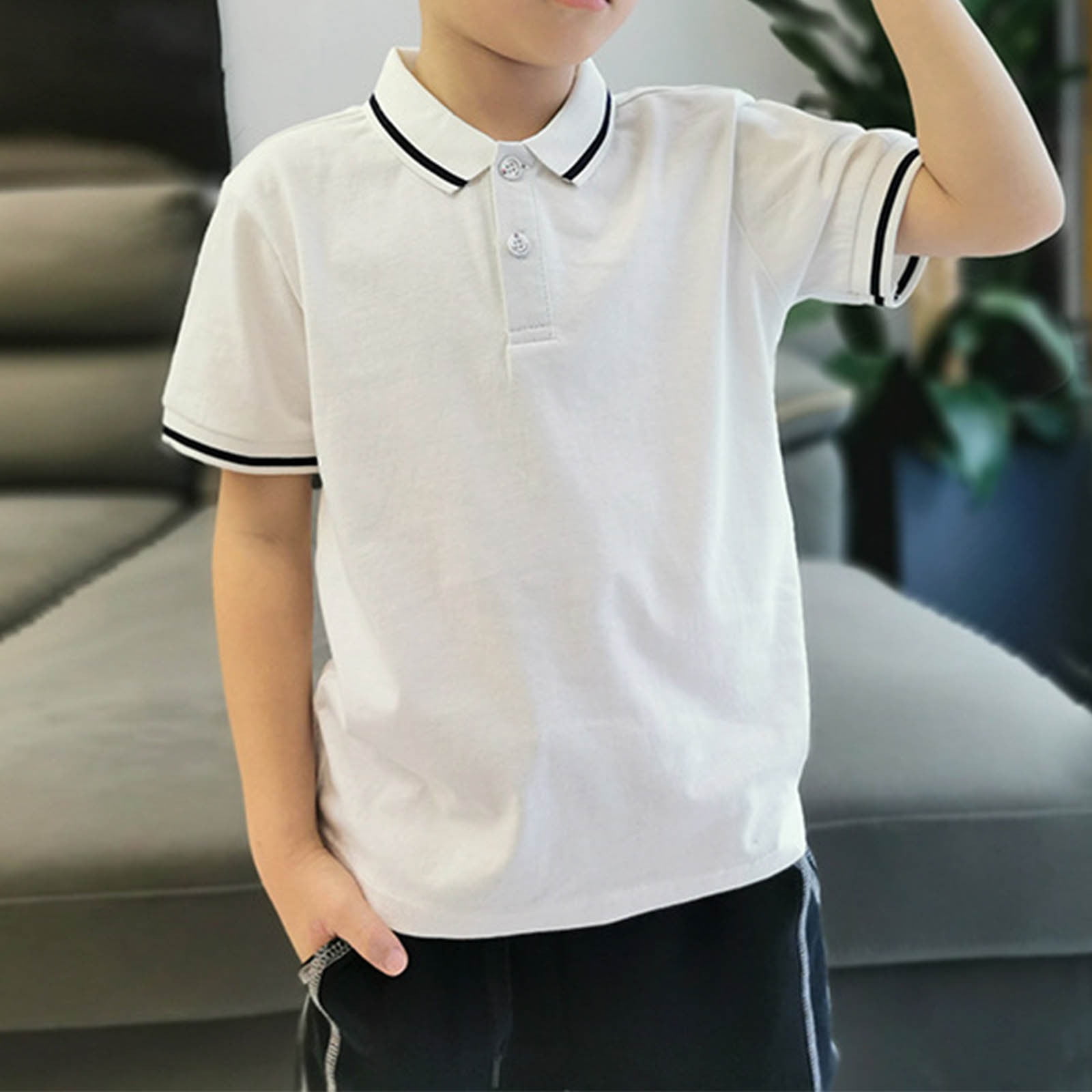 DAETIROS Boys Polo Shirts-School Uniform Shirt Casual Short Sleeve Cotton Boys Summer Clothing on Sale Navy Size 4-12